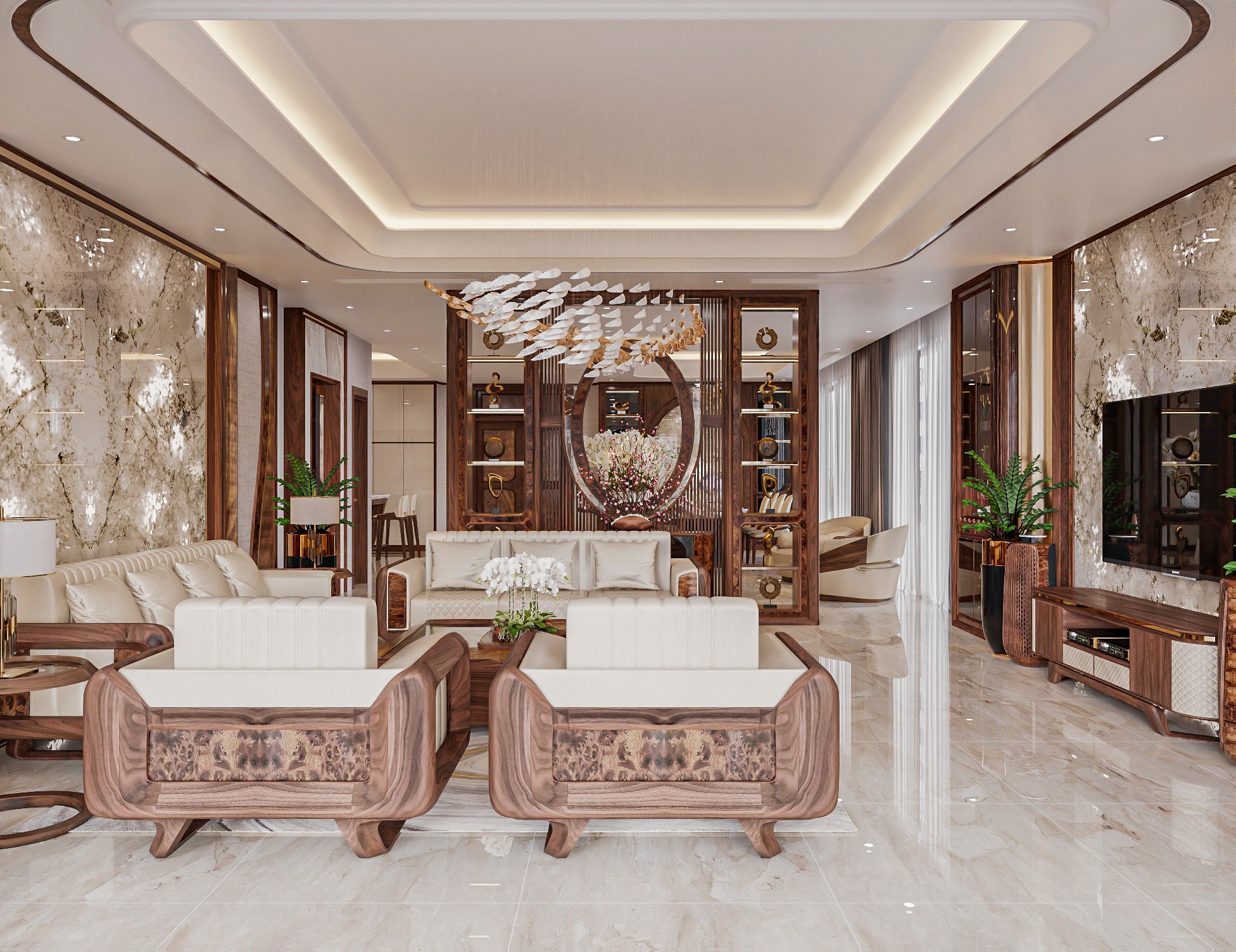 Mẫu thiết kế phòng khách đẹp hiện đại với bàn ghế gỗ óc chó bọc da vàng kim và trần thạch cao giật cấp