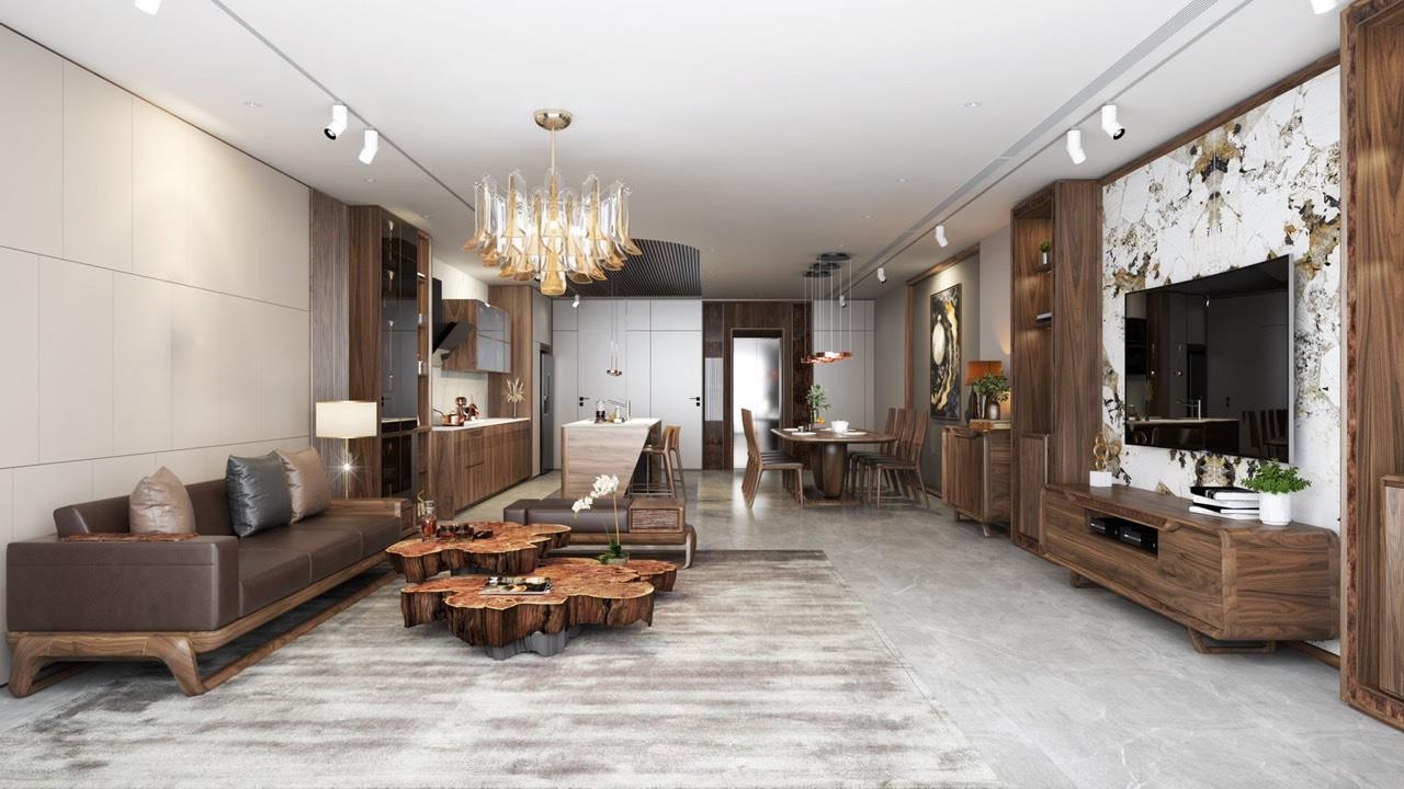 Mẫu thiết kế phòng khách gỗ óc chó hiện đại