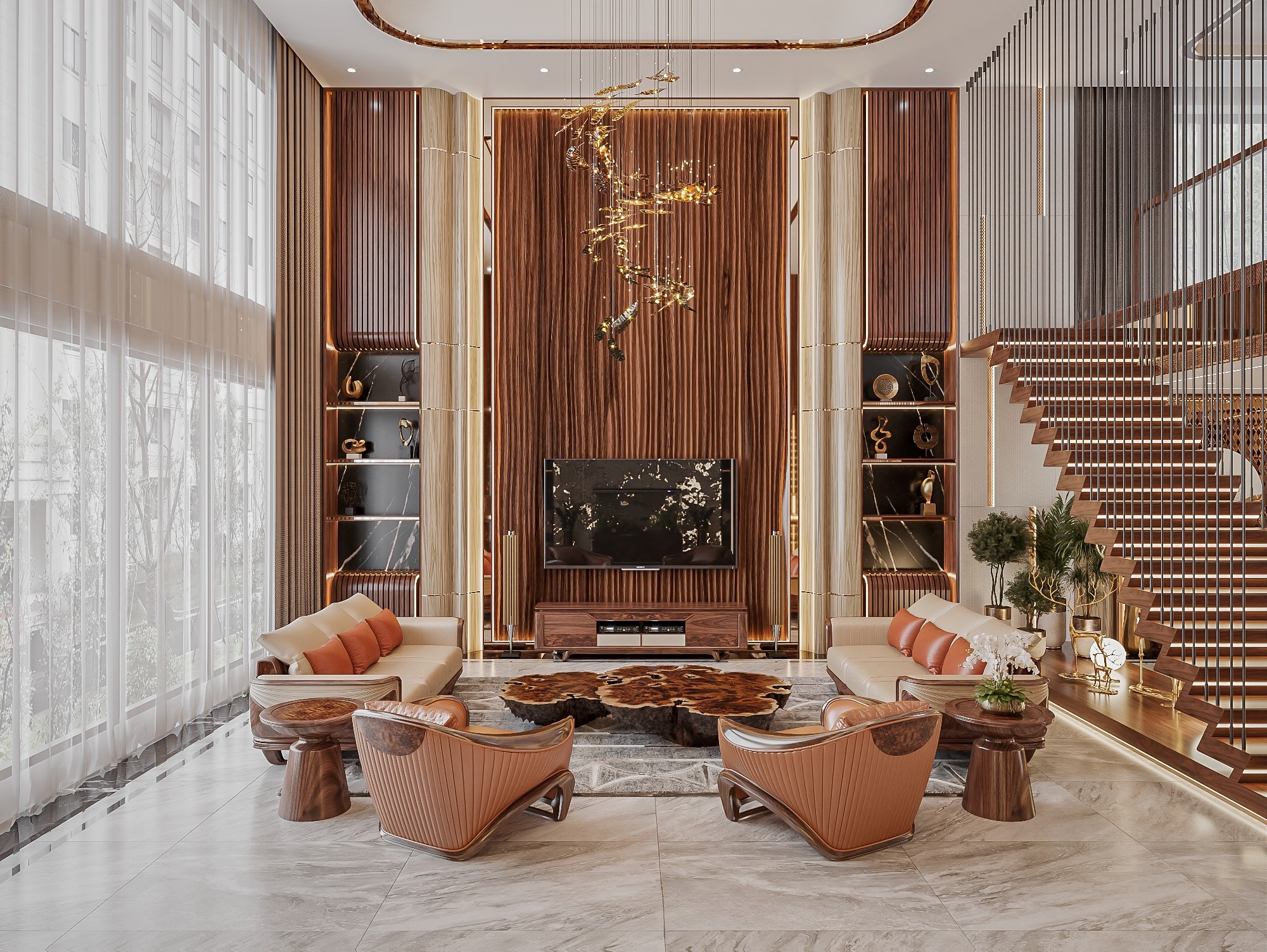 Mẫu thiết kế phòng khách sang trọng với sofa văng, bàn trà nguyên khối và lam sóng gỗ tự nhiên