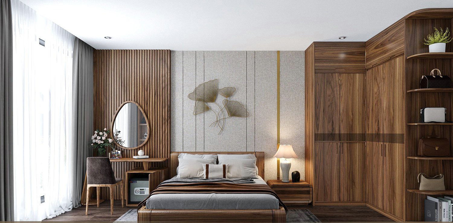 Mẫu thiết kế phòng ngủ đẹp với giường hộp, tủ chữ L và bàn trang điểm