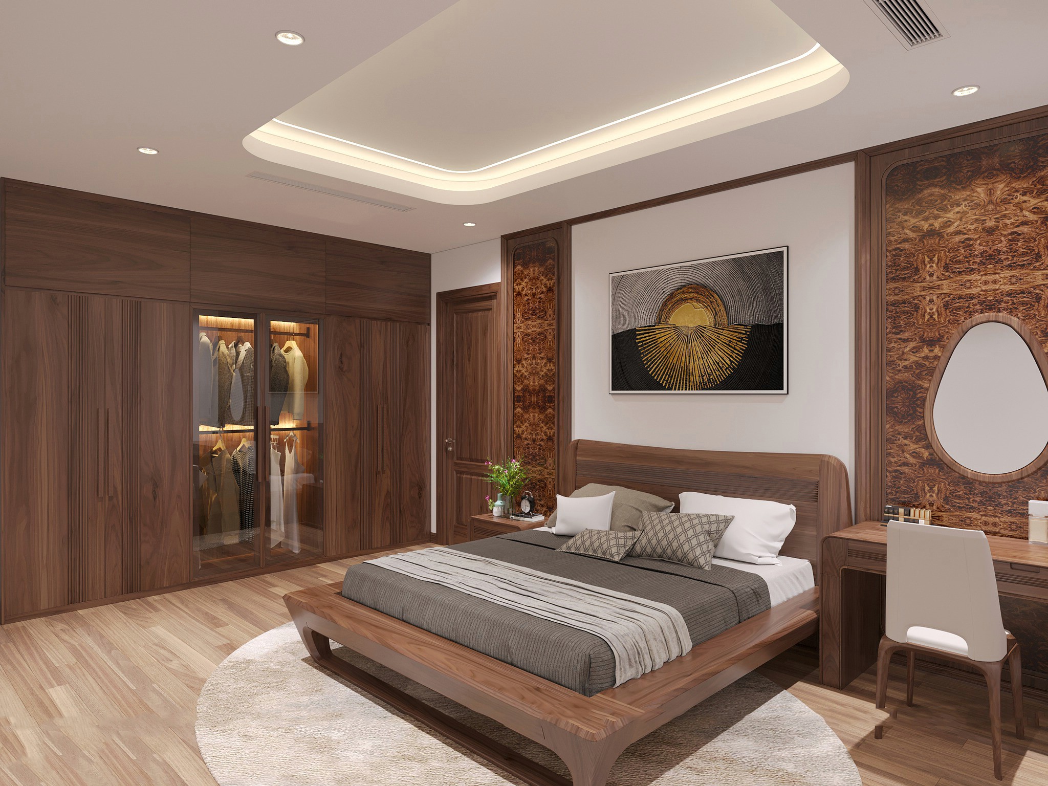 Mẫu thiết kế phòng ngủ hiện đại với tủ quần áo gỗ óc chó và giường chữ nhật