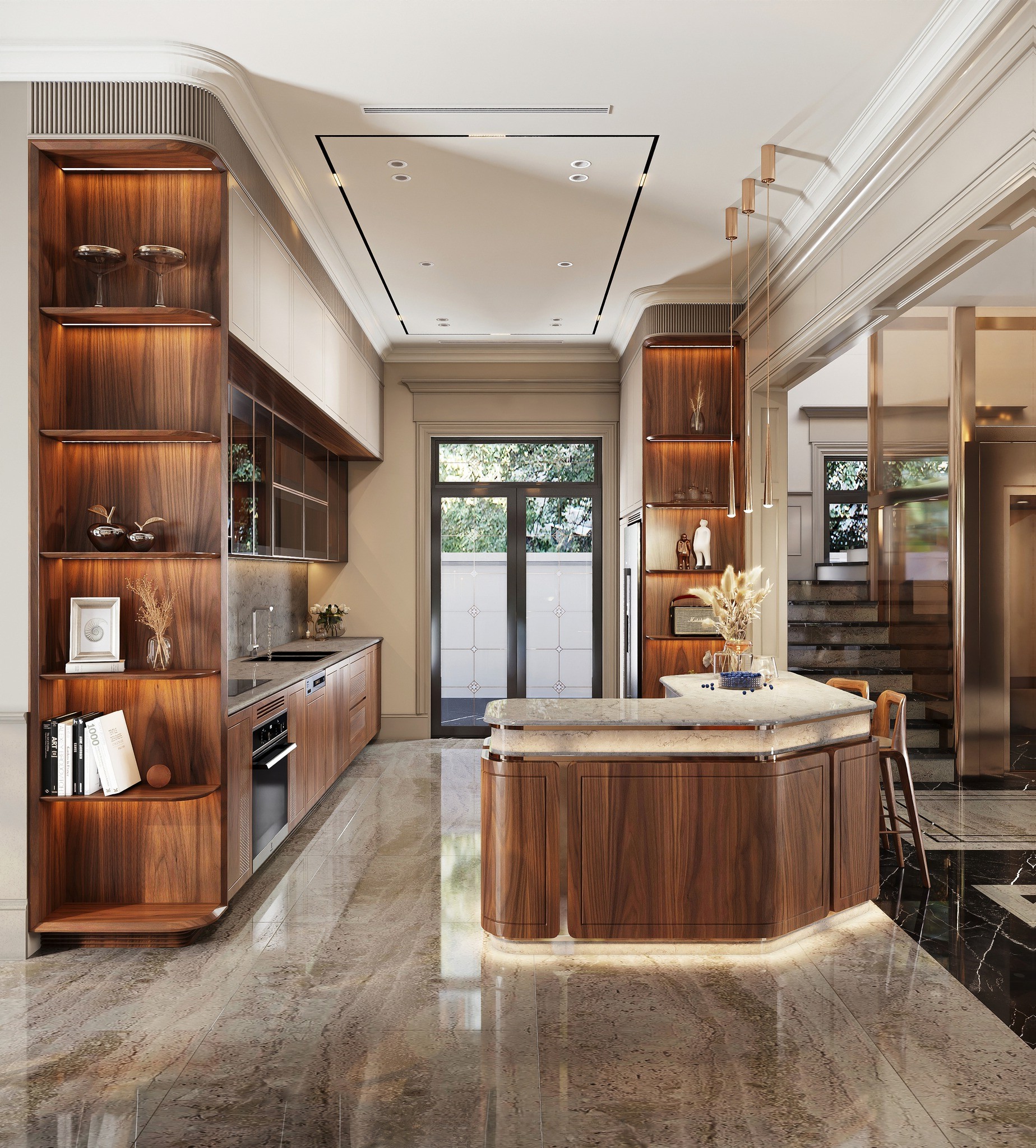 Mẫu thiết kế tủ bếp chữ I gỗ óc chó kịch trần hiện đại