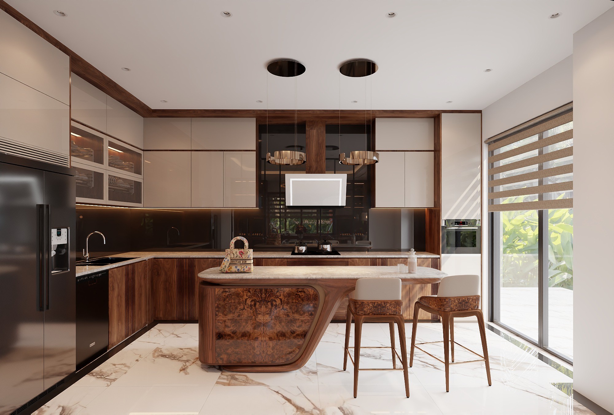 Mẫu tủ bếp bằng gỗ công nghiệp MDF chữ L cao kịch trần hiện đại