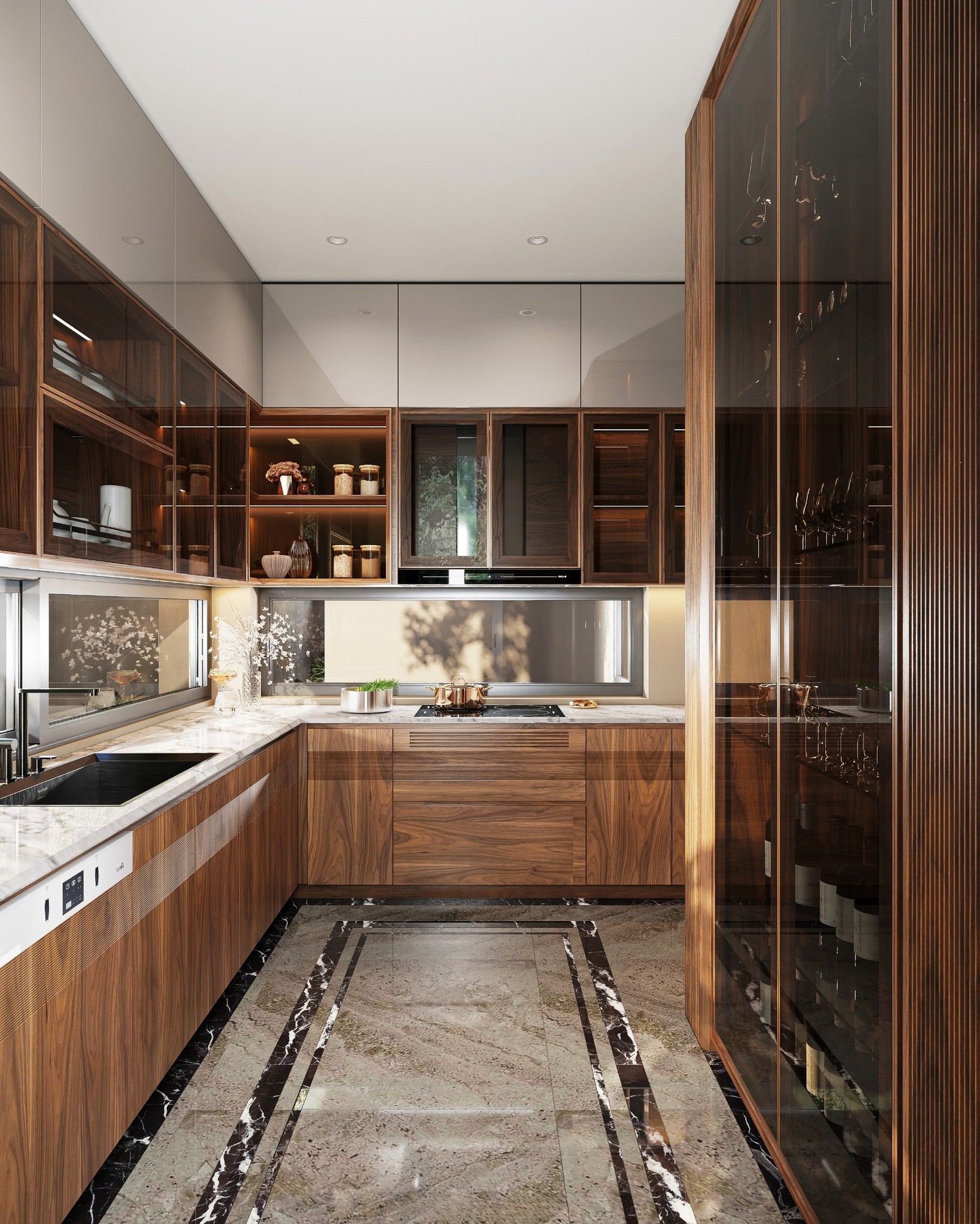 Mẫu tủ bếp chữ L gỗ tự nhiên cao kịch trần với mặt cánh laminate trắng và vân gỗ óc chó phối đá hoa cương