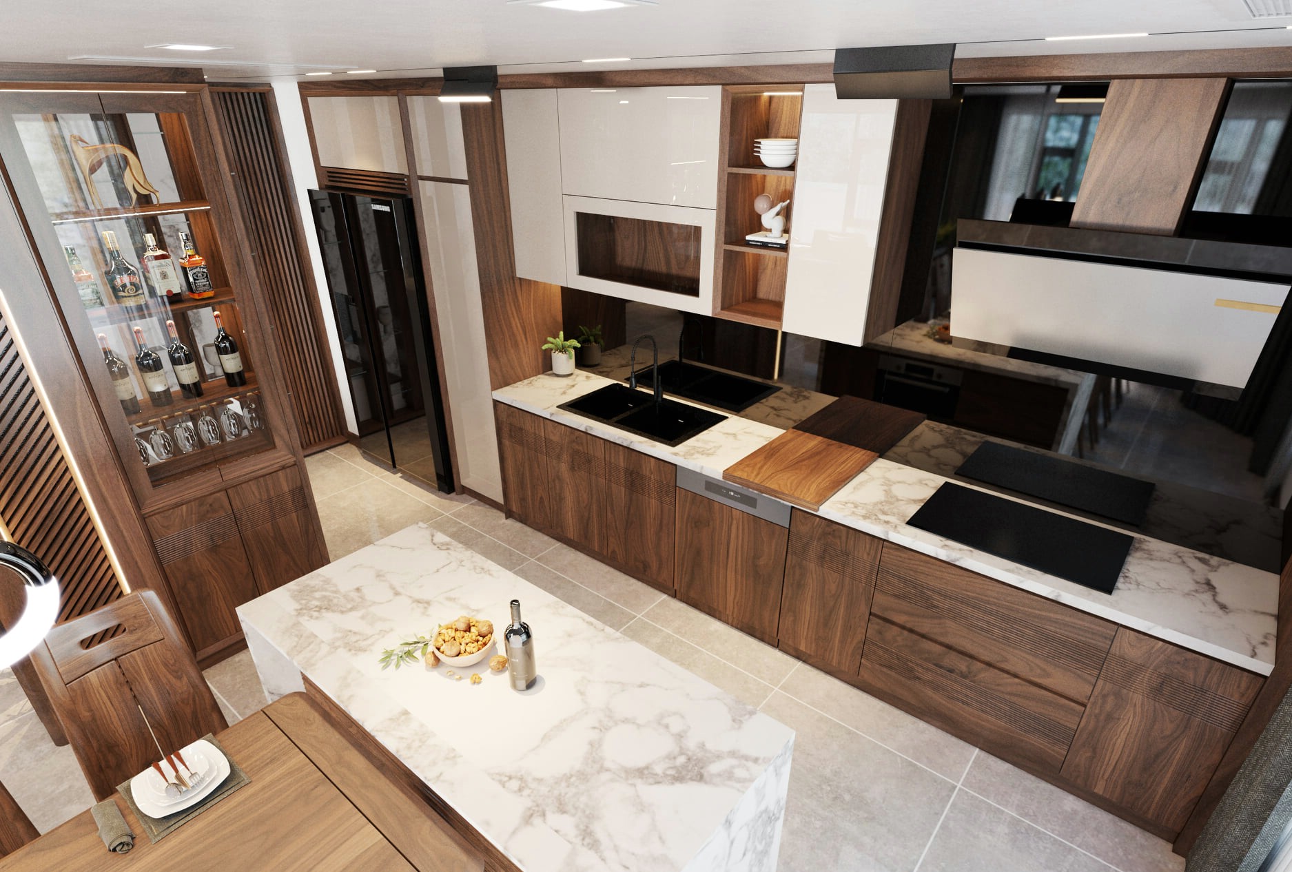 Mẫu tủ bếp chữ L nhỏ đẹp gỗ sồi kết hợp Acrylic trắng