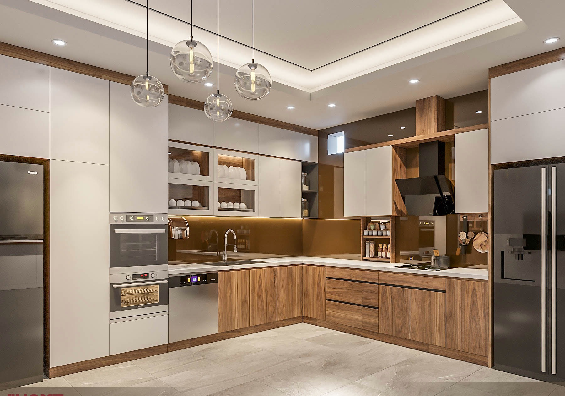 Mẫu tủ bếp đẹp hình chữ L hiện đại gỗ sồi Nga nâu sáng phối Laminate trắng