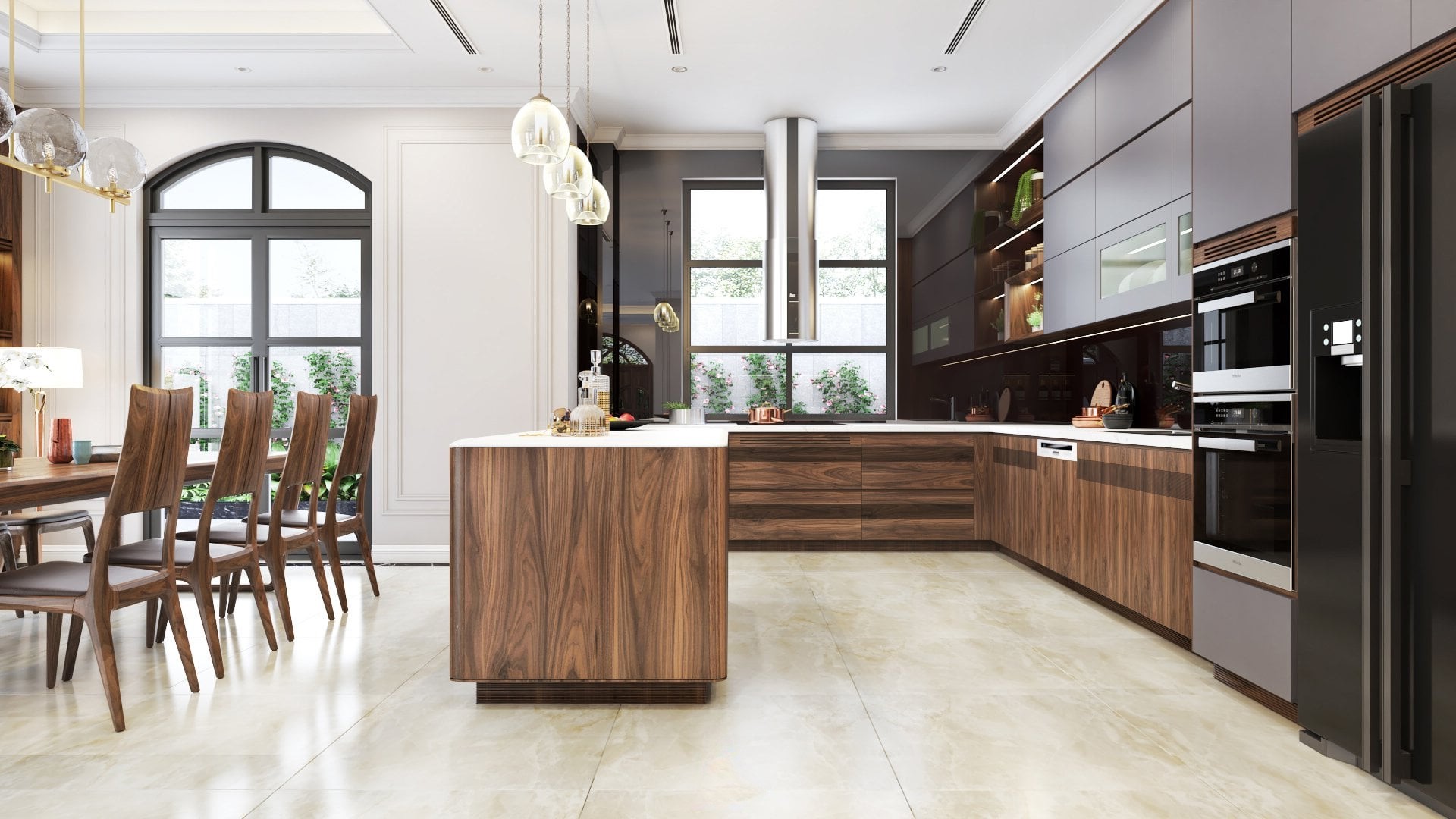 Mẫu tủ bếp dưới đẹp gỗ óc chó cánh CNC lam gỗ hiện đại