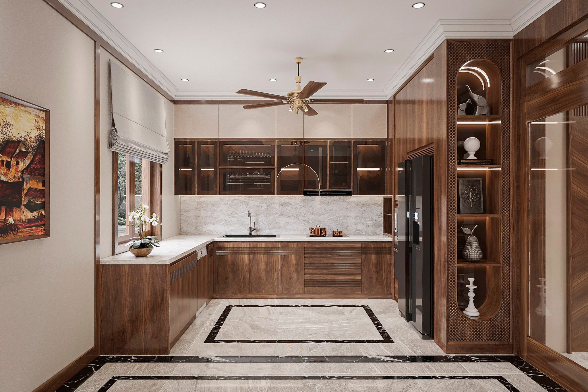 Mẫu tủ bếp gỗ chữ L đẹp gỗ óc chó cánh CNC kính tối màu