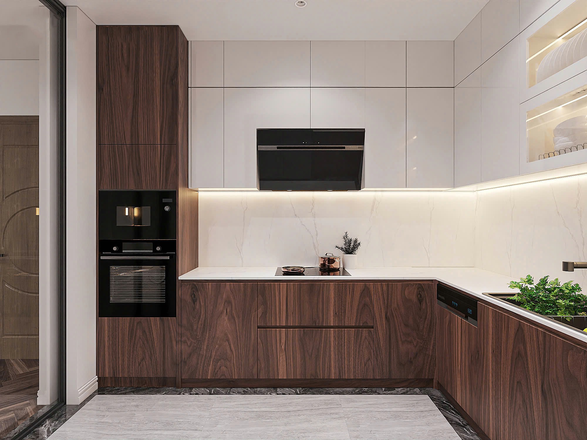 Mẫu tủ bếp gỗ công nghiệp chữ L hiện đại với cánh acrylic trắng và laminate nâu đậm