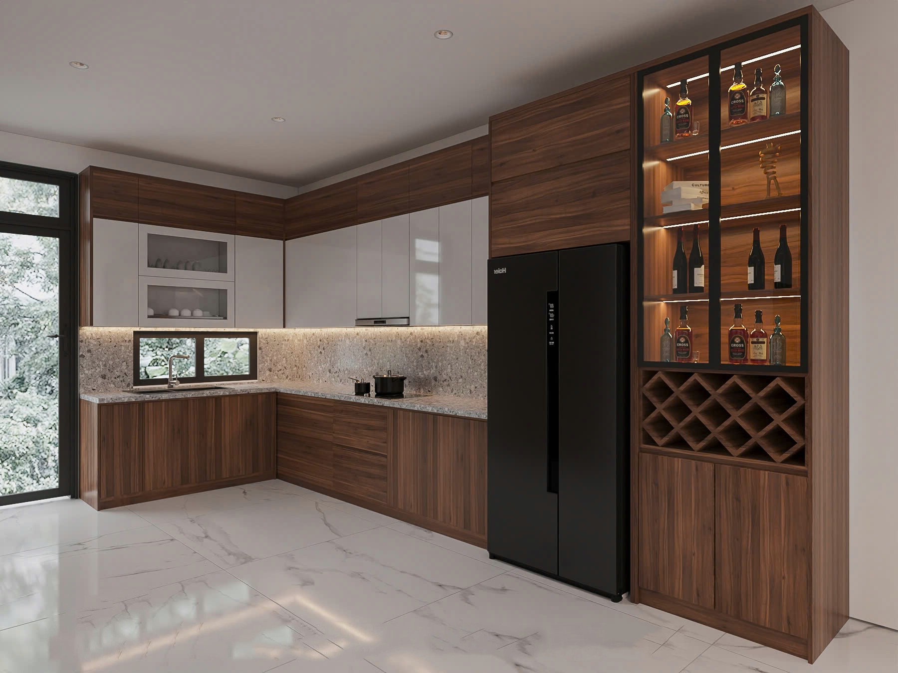 Mẫu tủ bếp gỗ đẹp chữ L gỗ sồi Mỹ cánh Acrylic trắng