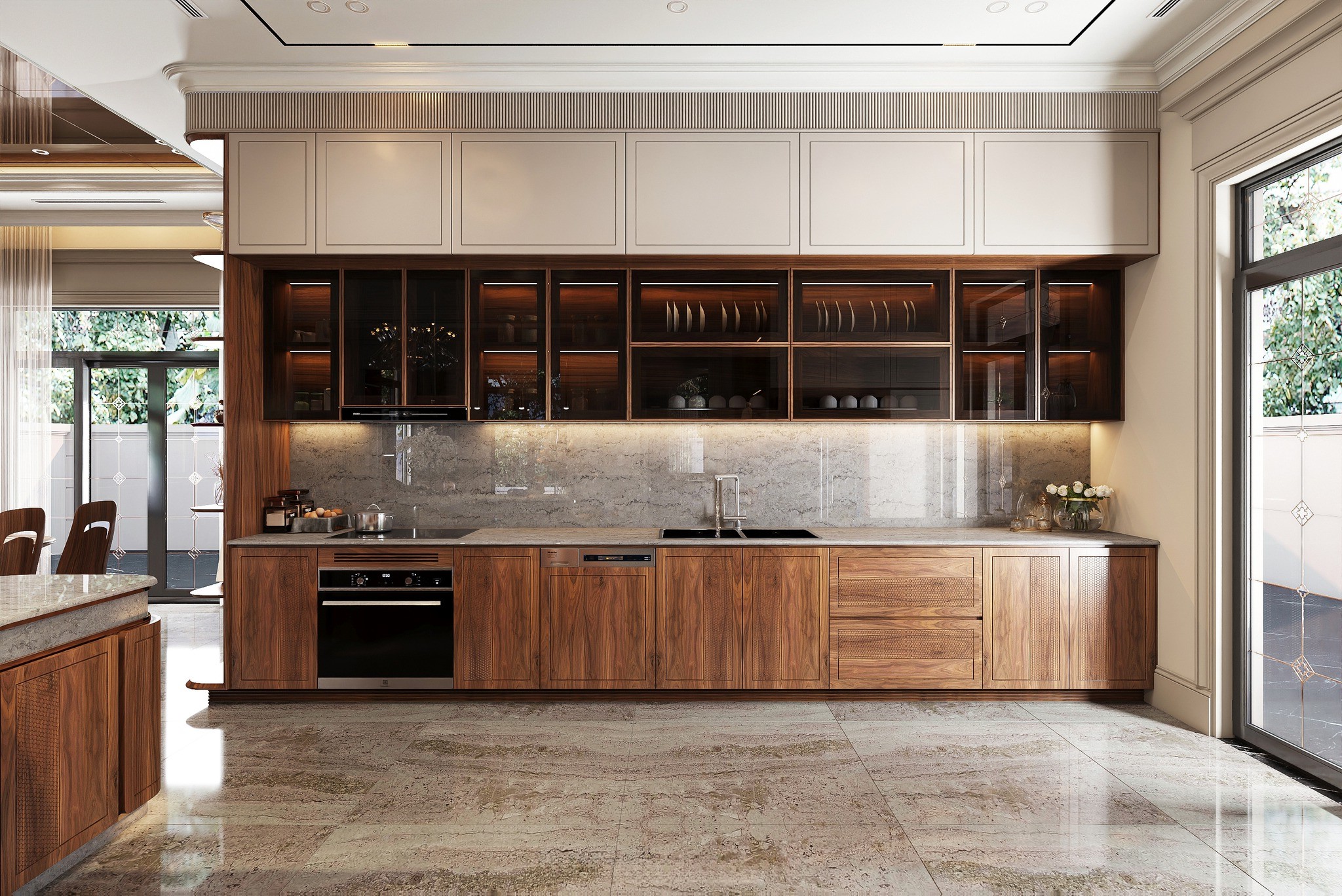 Mẫu tủ bếp gỗ đẹp hiện đại gỗ sồi Mỹ chữ I kịch trần không tay nắm