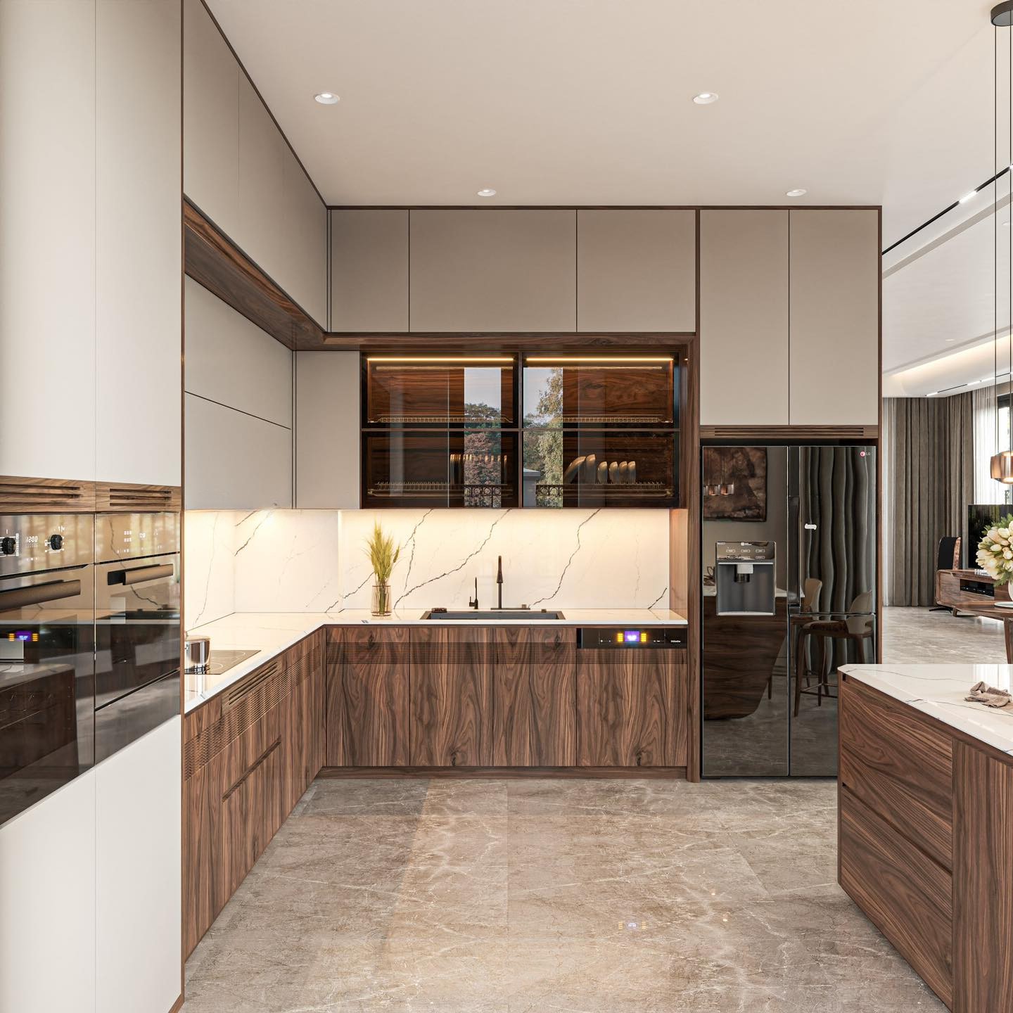 Mẫu tủ bếp gỗ đẹp chữ L hiện đại với tủ treo acrylic và tủ dưới gỗ tự nhiên