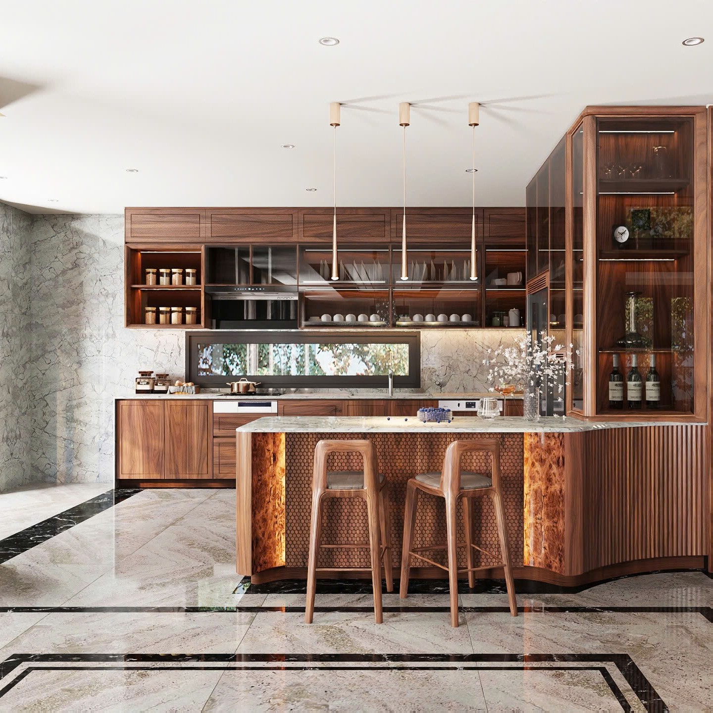 Tủ bếp gỗ óc chó hiện đại sang trọng