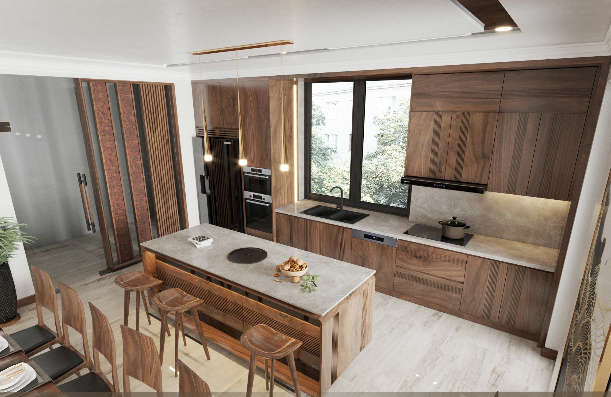 Mẫu tủ bếp gỗ tự nhiên chữ I cao kịch trần với quầy bar song song