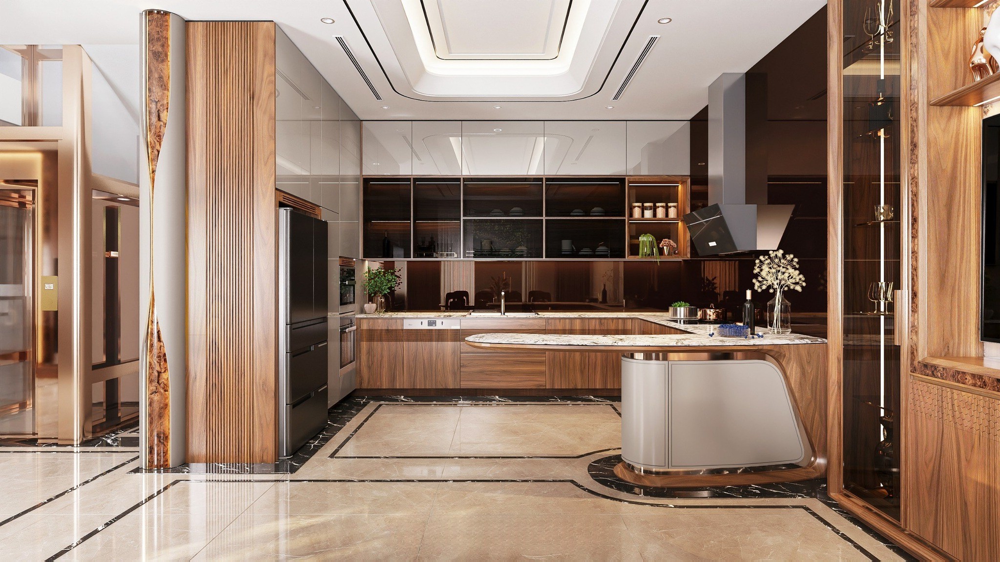 Mẫu tủ bếp gỗ chữ U với bàn bar gắn liền và mặt đá marble trắng vân xám