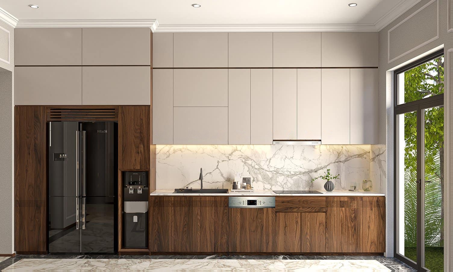 Mẫu tủ bếp thẳng đẹp hiện đại kết hợp acrylic trắng và gỗ óc chó nâu đen