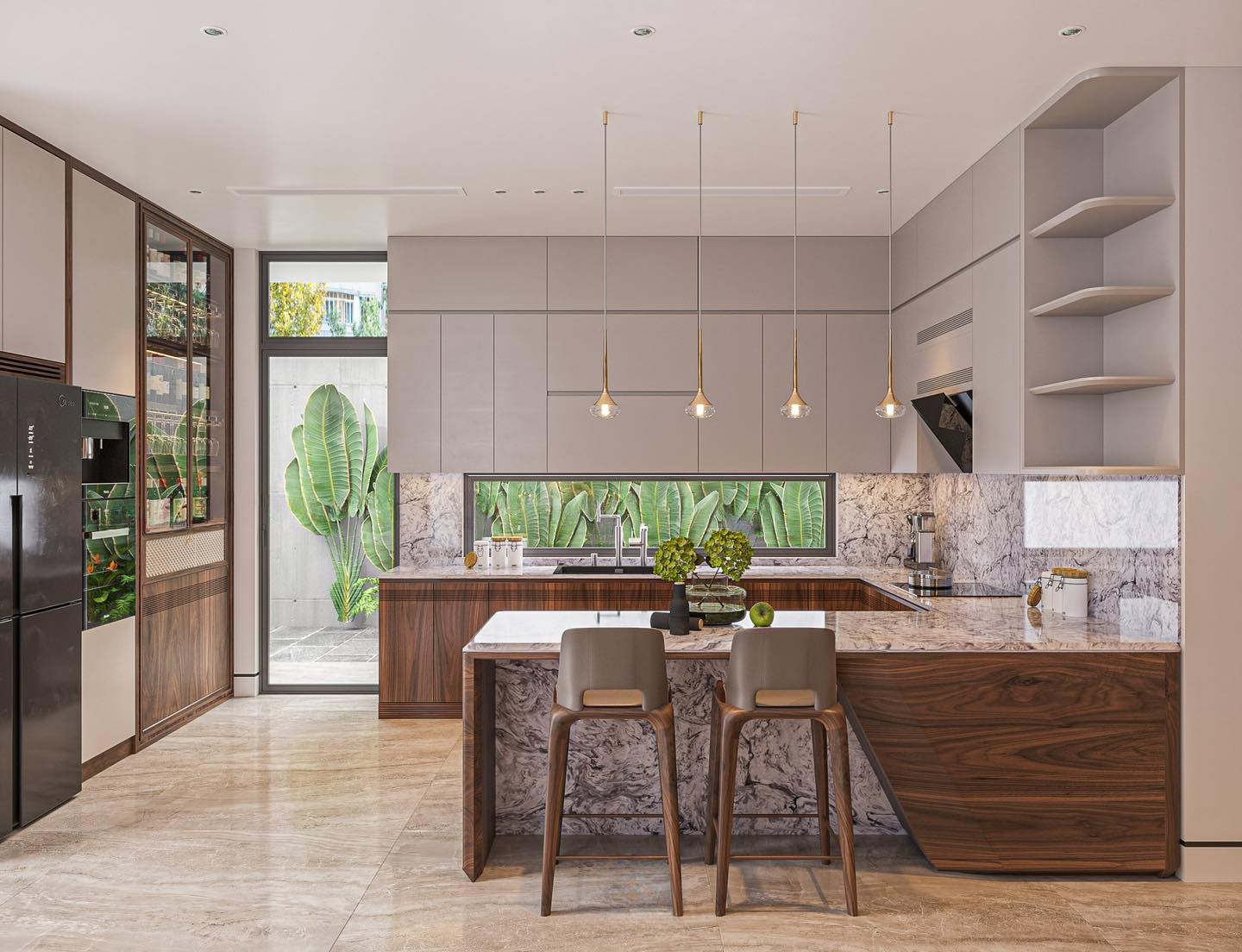 Mẫu tủ bếp chữ U hiện đại với đảo bếp, màu xám sữa kết hợp veneer óc chó