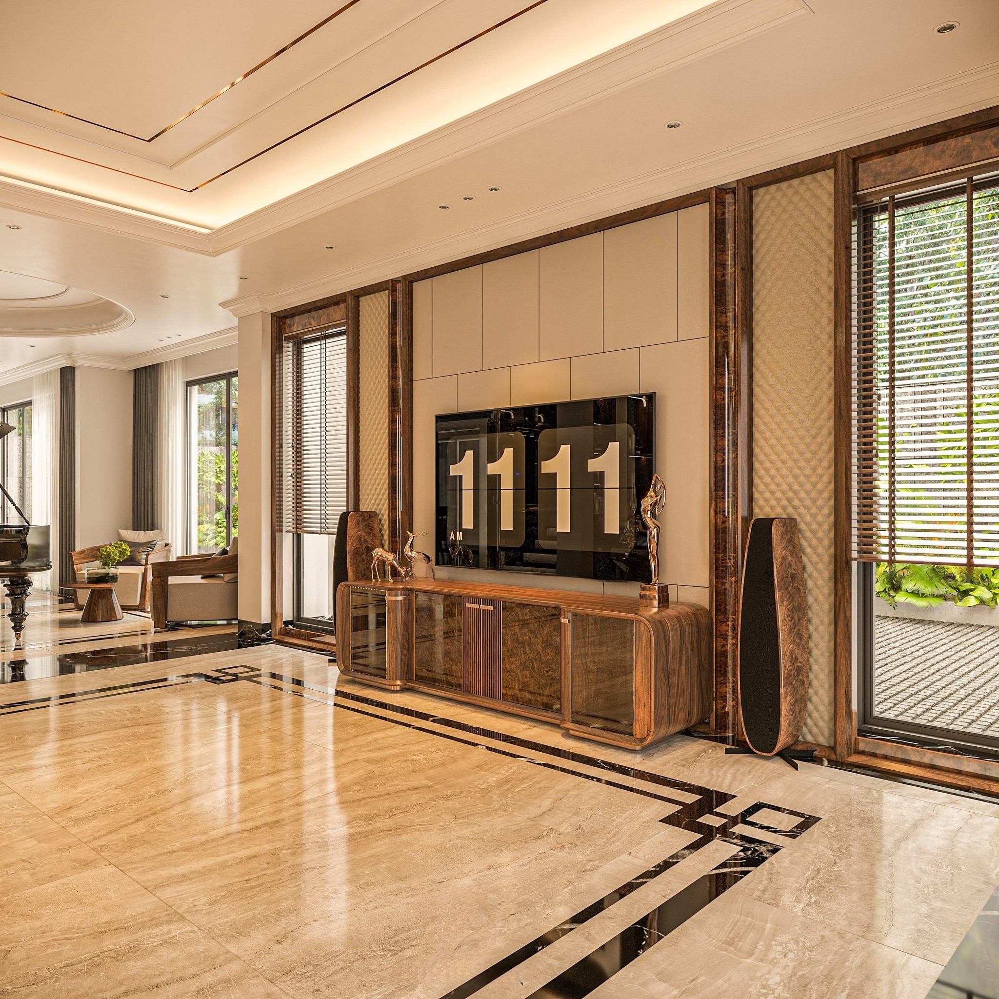 Mẫu tủ kệ tivi gỗ tự nhiên màu nâu đậm với cánh kính trong suốt và veneer nu