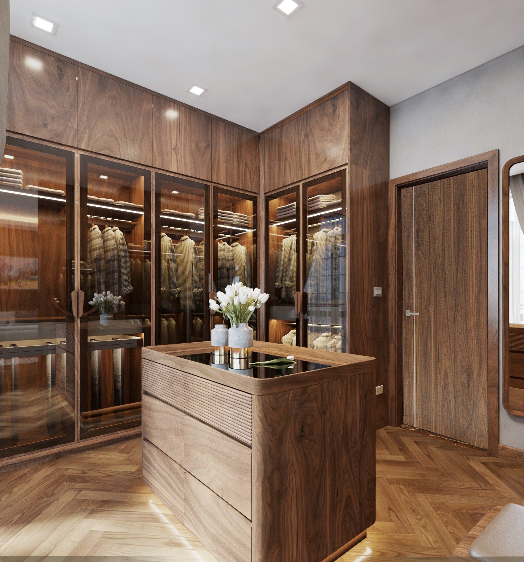 Mẫu tủ quần áo đẹp bằng gỗ chữ L cao kịch trần với cánh kính trong suốt