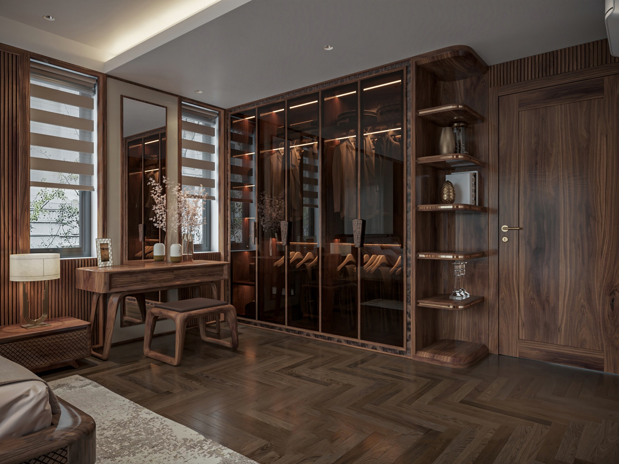 Tủ quần áo gỗ óc chó hiện đại với 5 cánh kính trong suốt và kệ trang trí mạ vàng