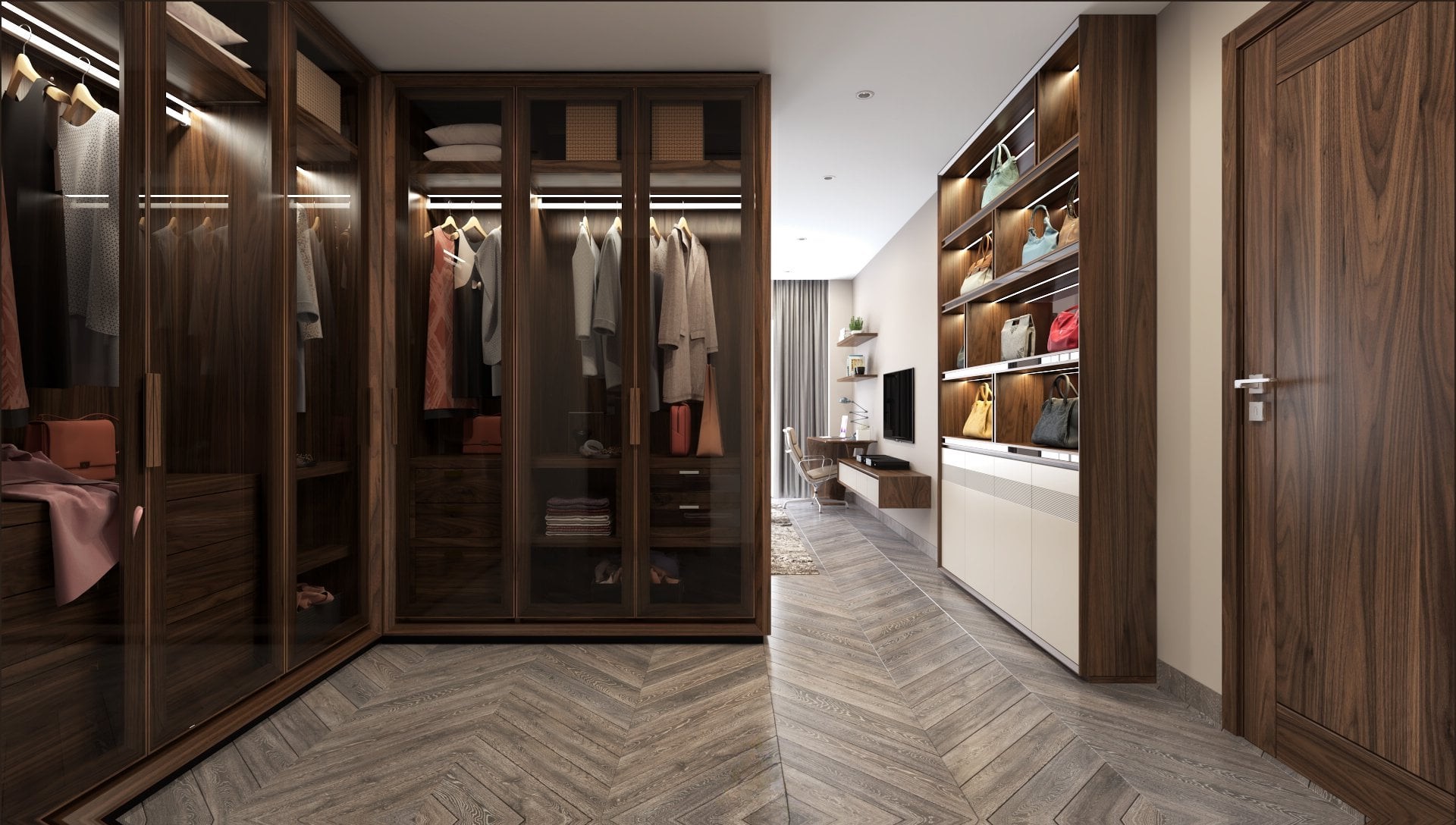 Mẫu tủ quần áo gỗ óc chó hiện đại cao kịch trần