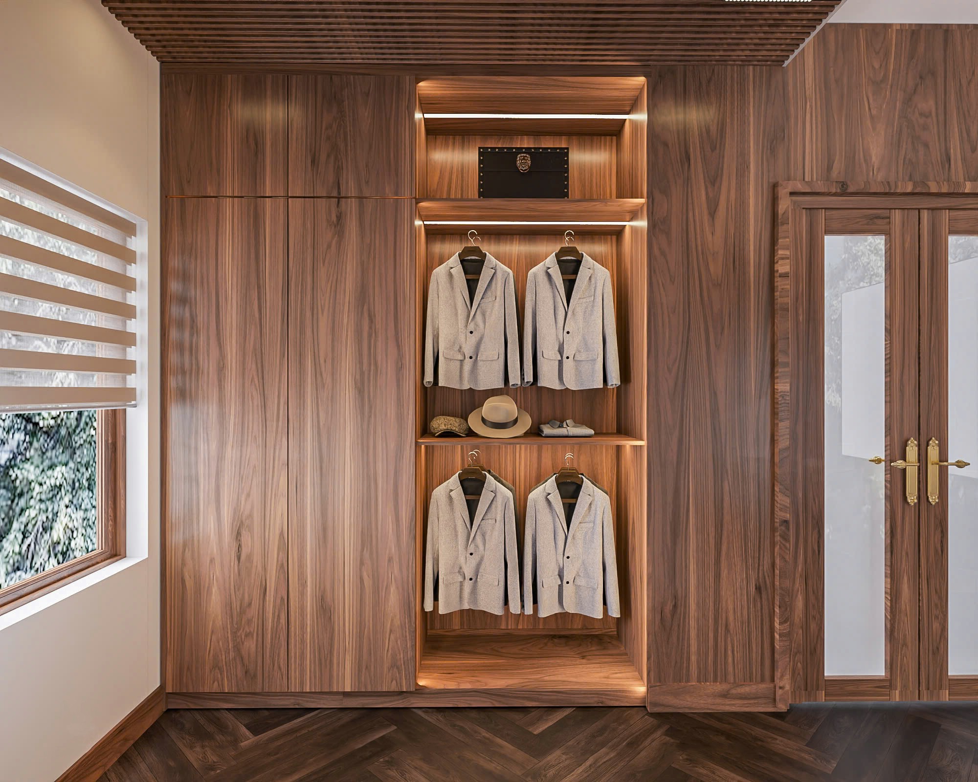Mẫu tủ quần áo gỗ tự nhiên hiện đại âm tường cao kịch trần