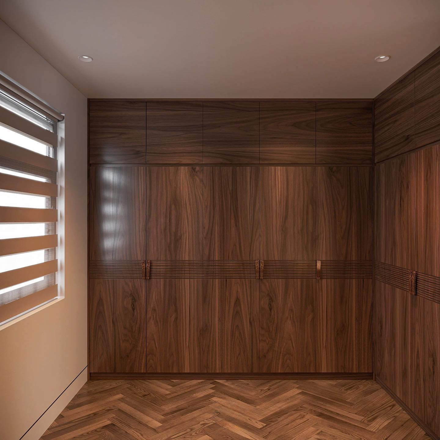 Mẫu tủ quần áo gỗ chữ L cánh CNC kẻ ngang, tay nắm veneer nu