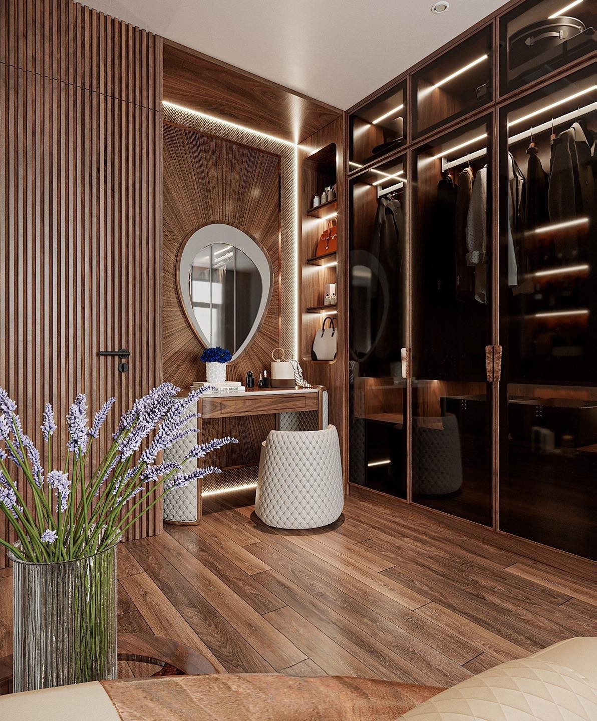 Mẫu tủ quần áo kết hợp bàn trang điểm với cánh kính và gương giọt nước hiện đại