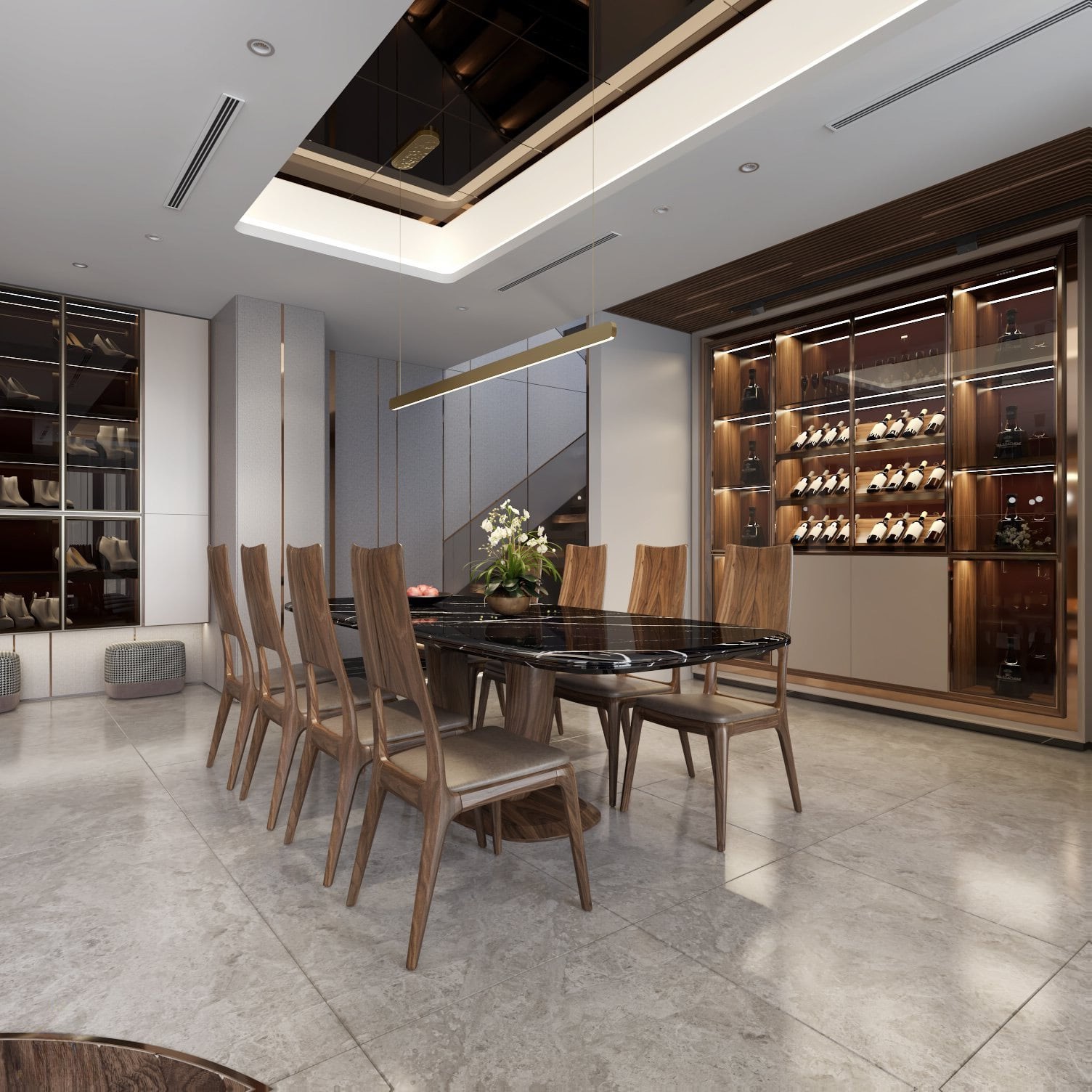 Mẫu tủ rượu gỗ tự nhiên phòng bếp âm tường cao kịch trần hiện đại