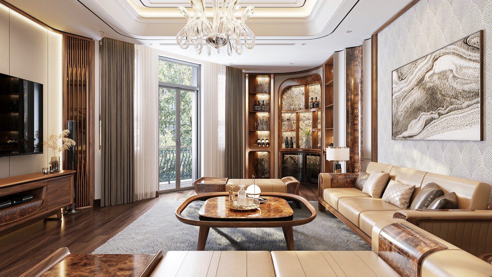 Mẫu tủ rượu góc phòng khách gỗ tự nhiên thiết kế vòm cung sang trọng