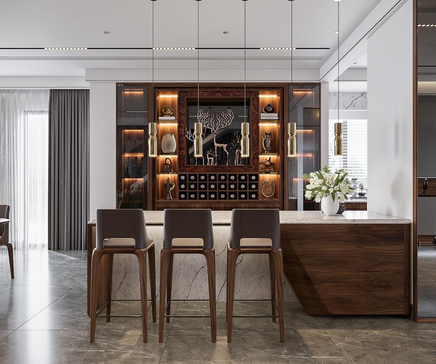 Mẫu tủ rượu phòng bếp âm tường gỗ sồi Mỹ hiện đại