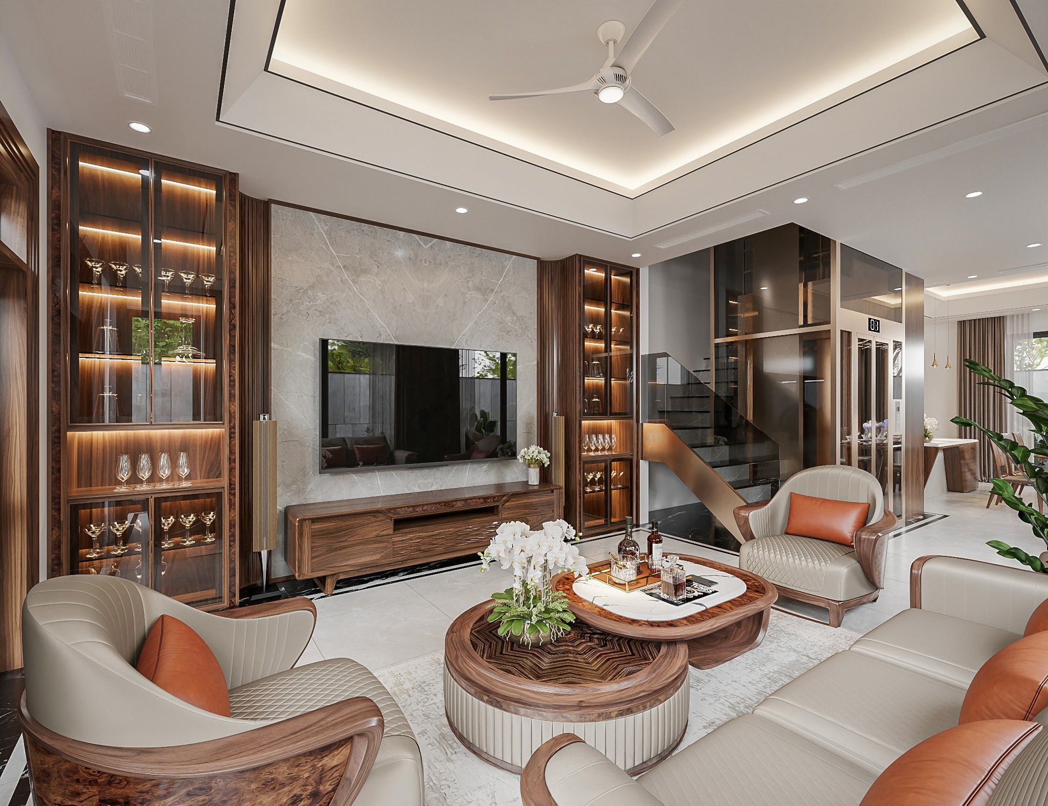 Mẫu tủ rượu phòng khách cao kịch trần chất liệu gỗ MDF phủ laminate kết hợp kính hiện đại