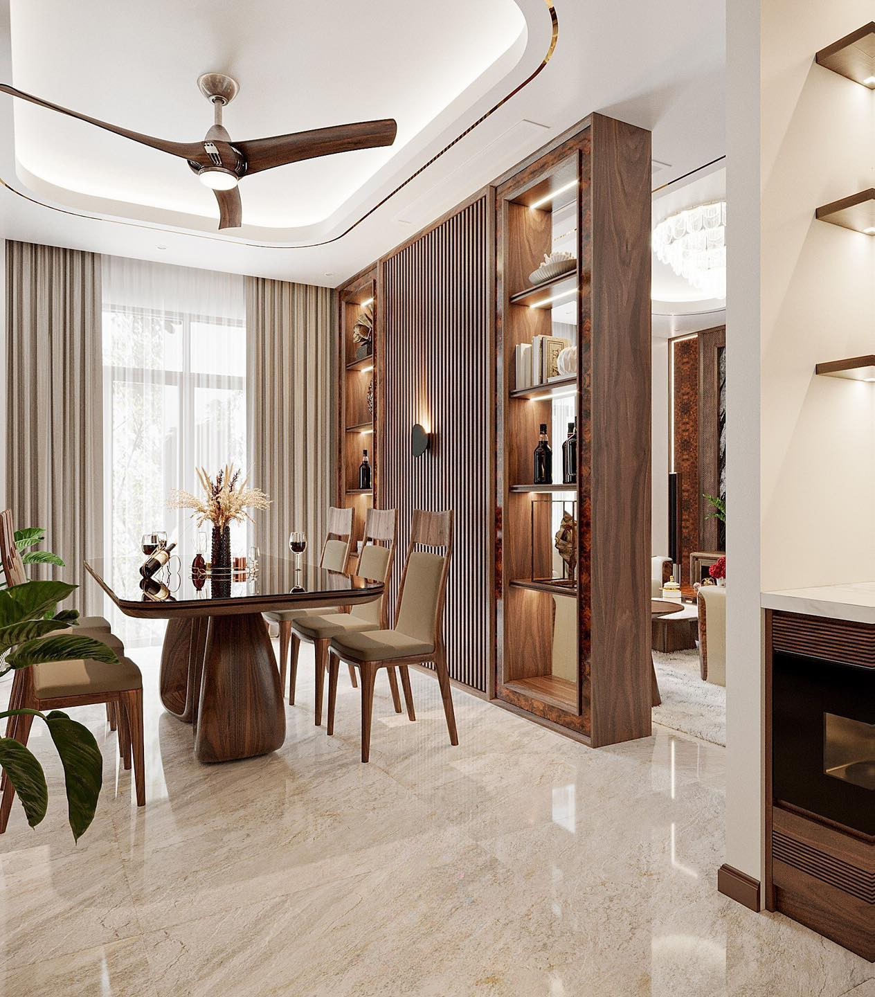 Mẫu vách ngăn bếp và phòng khách cao kịch trần, kệ trang trí 5 tầng, ốp lam sóng 2 mặt