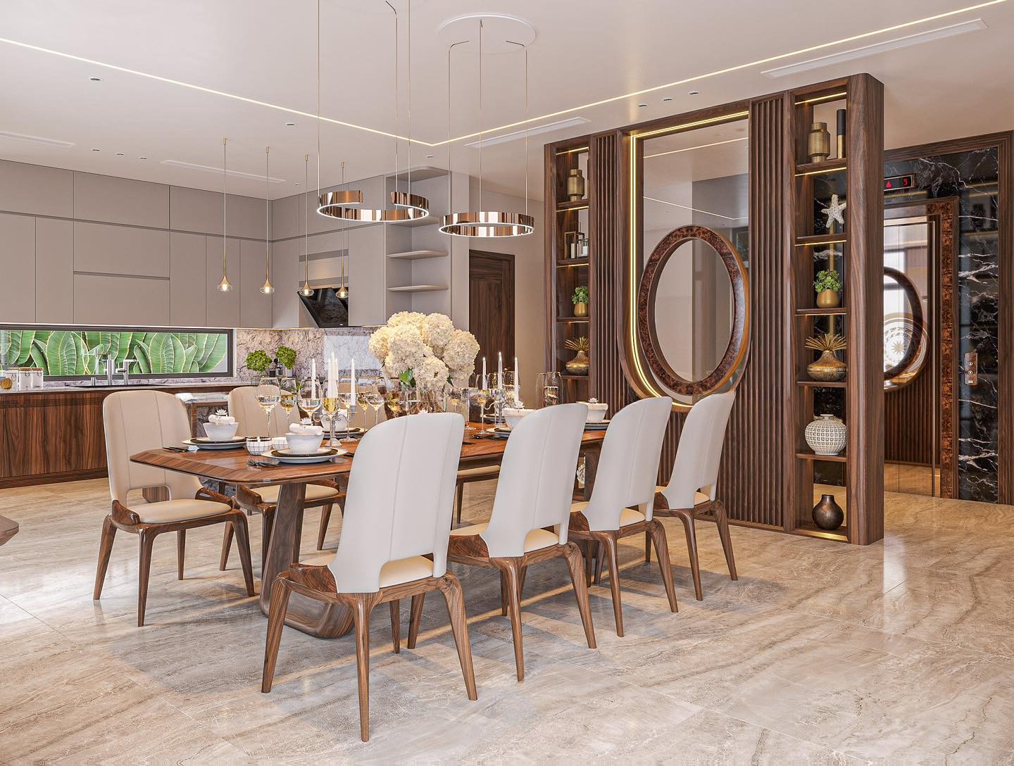 Mẫu vách ngăn đẹp giữa phòng ăn và thang máy với điểm nhấn oval kính khung veneer nu và hệ kệ 6 tầng hai bên