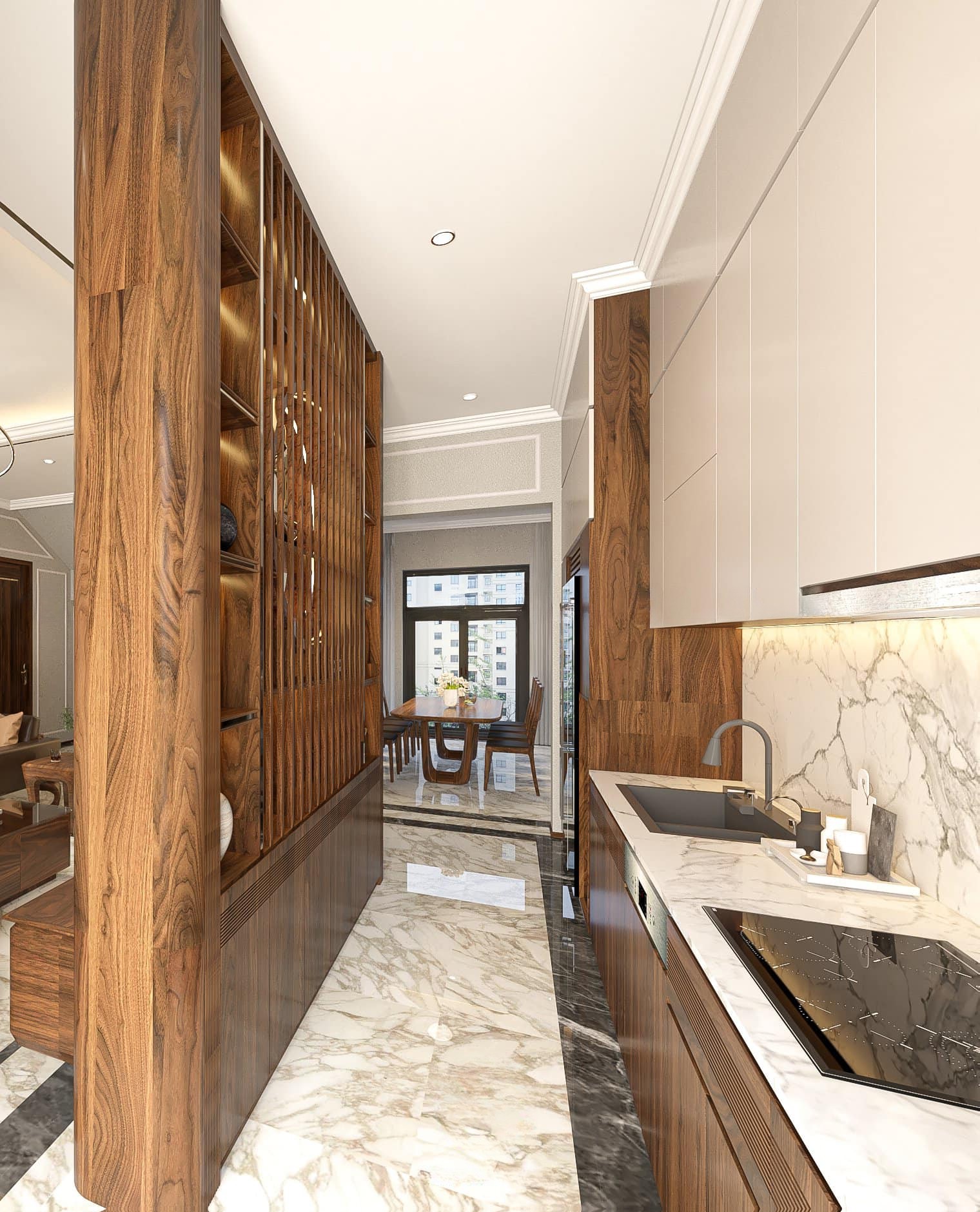 Mẫu vách ngăn phòng khách và phòng ăn gỗ sồi Nga