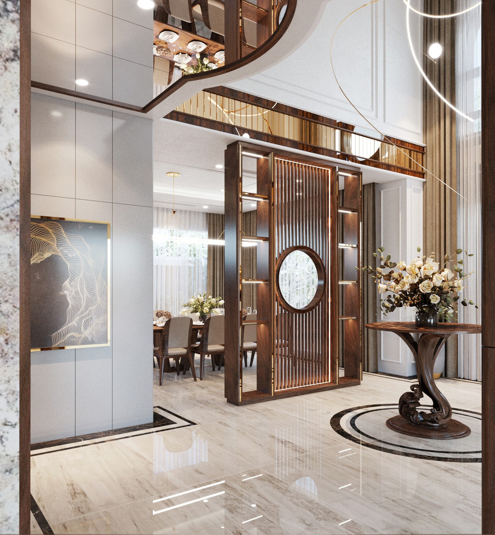 Mẫu vách ngăn gỗ óc chó cao kịch trần giữa phòng khách và phòng ăn