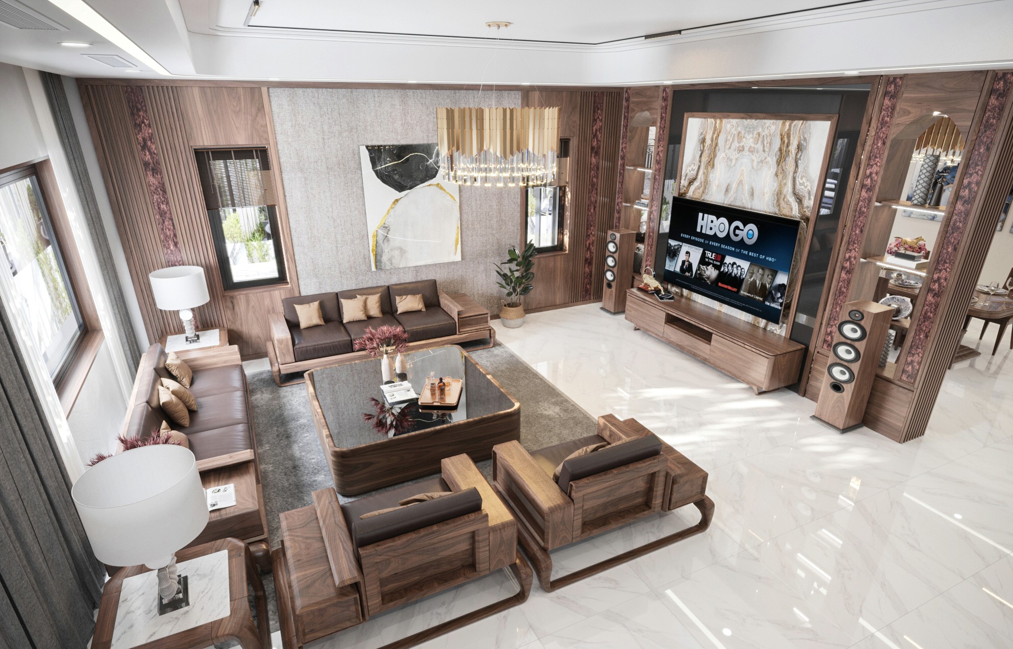 nội thất biệt thự phòng khách gỗ óc chó với sofa lớn kệ tivi và vách đá marble