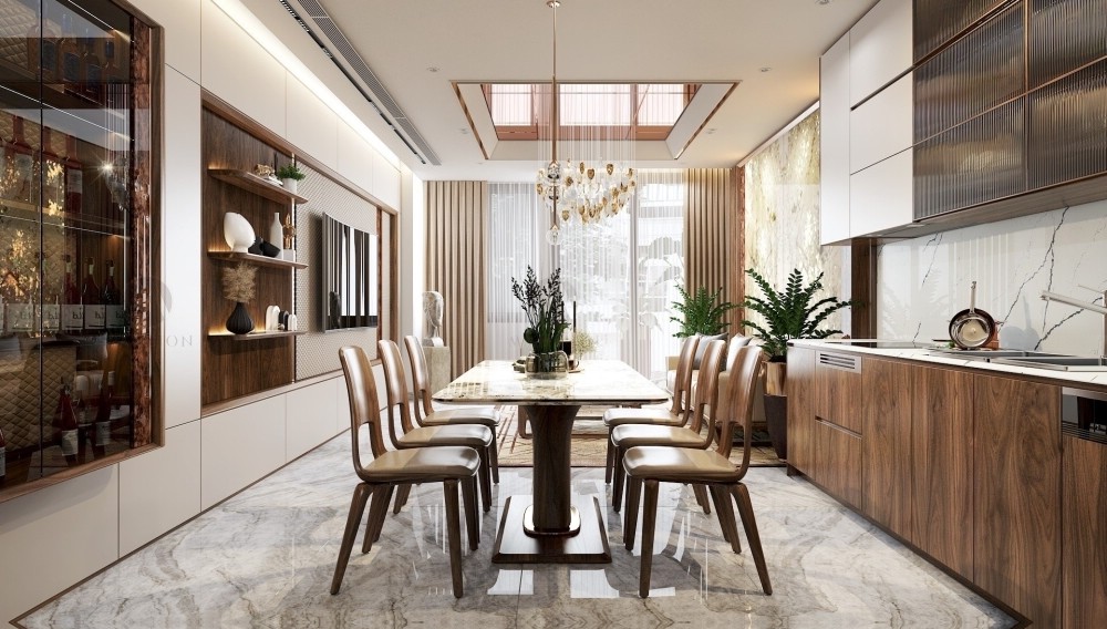 nội thất chung cư căn bếp với bàn ăn đá cẩm thạch và tủ bếp veneer óc chó