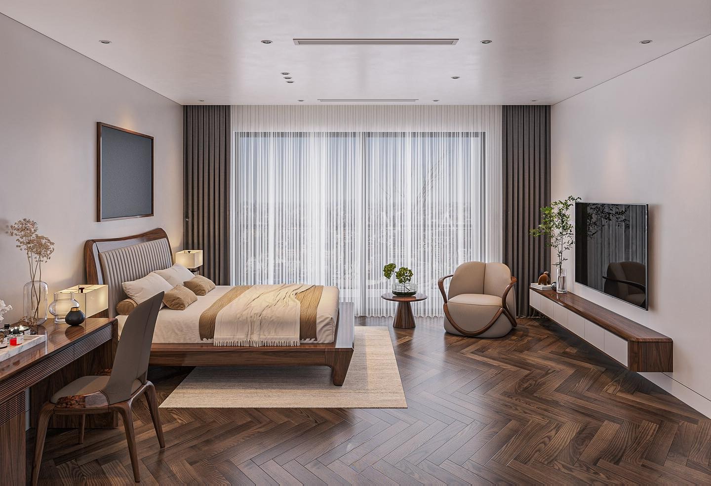 Nội thất giường ngủ gỗ óc chó tự nhiên khung hộp chữ nhật và tựa đầu bọc vải ghi sọc