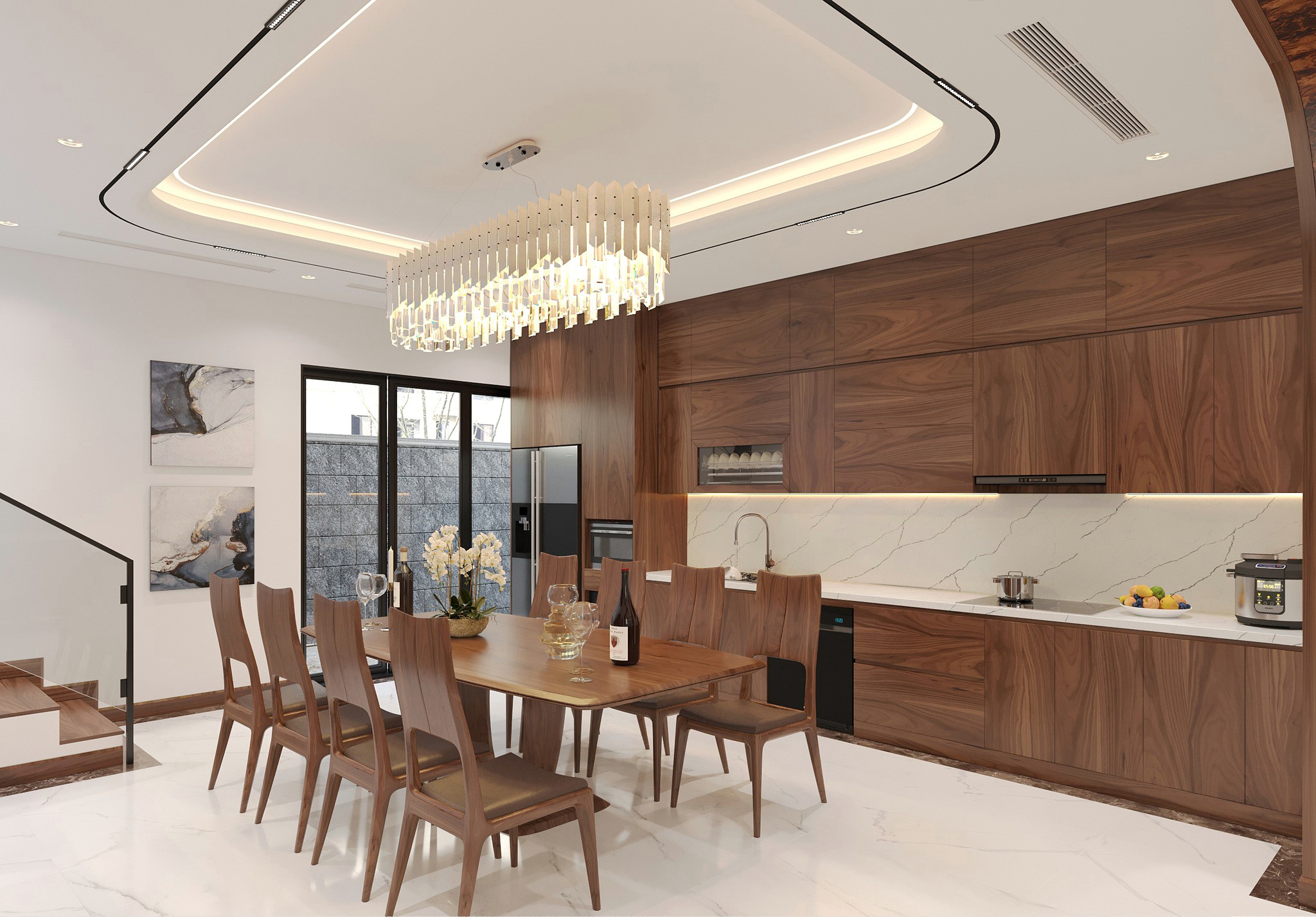 nội thất nhà phố đẹp hiện đại với tủ bếp chữ I veneer óc chó và bàn ăn gỗ óc chó