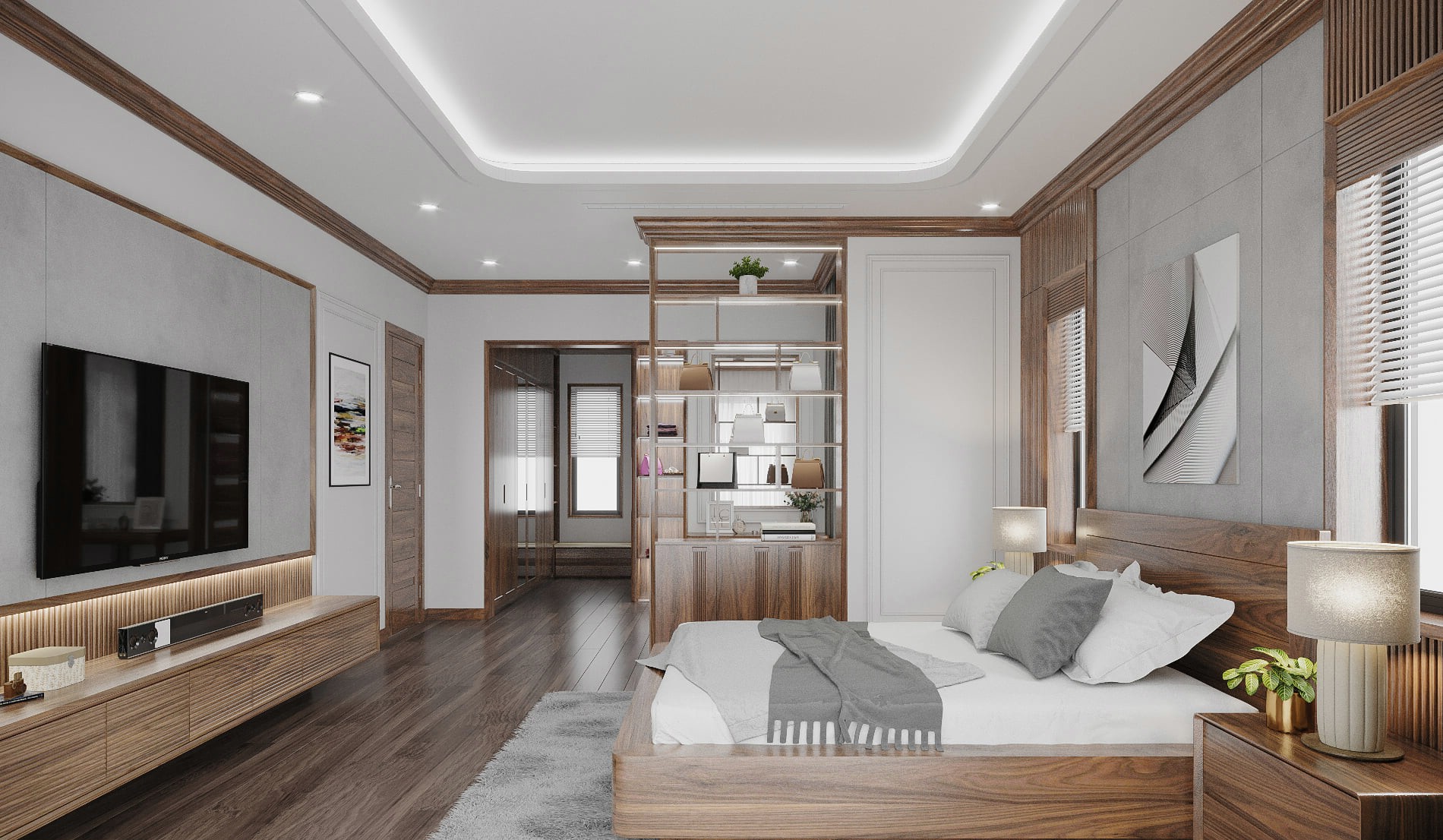 nội thất nhà phố phòng ngủ gỗ óc chó với giường hộp kê sát sàn và kệ tivi thấp