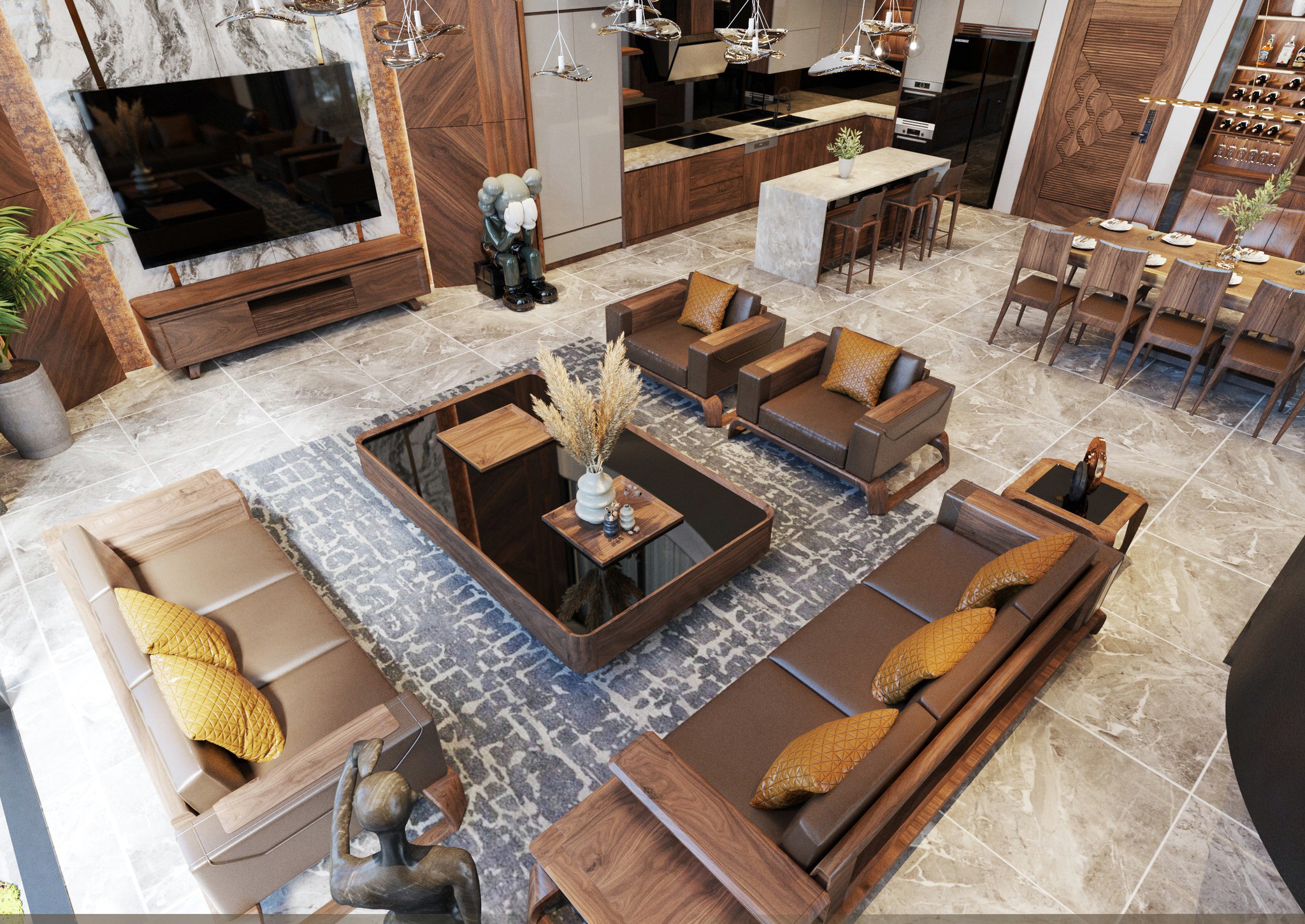 Nội thất phòng khách chung cư đẹp với sofa gỗ óc chó và bàn trà mặt kính