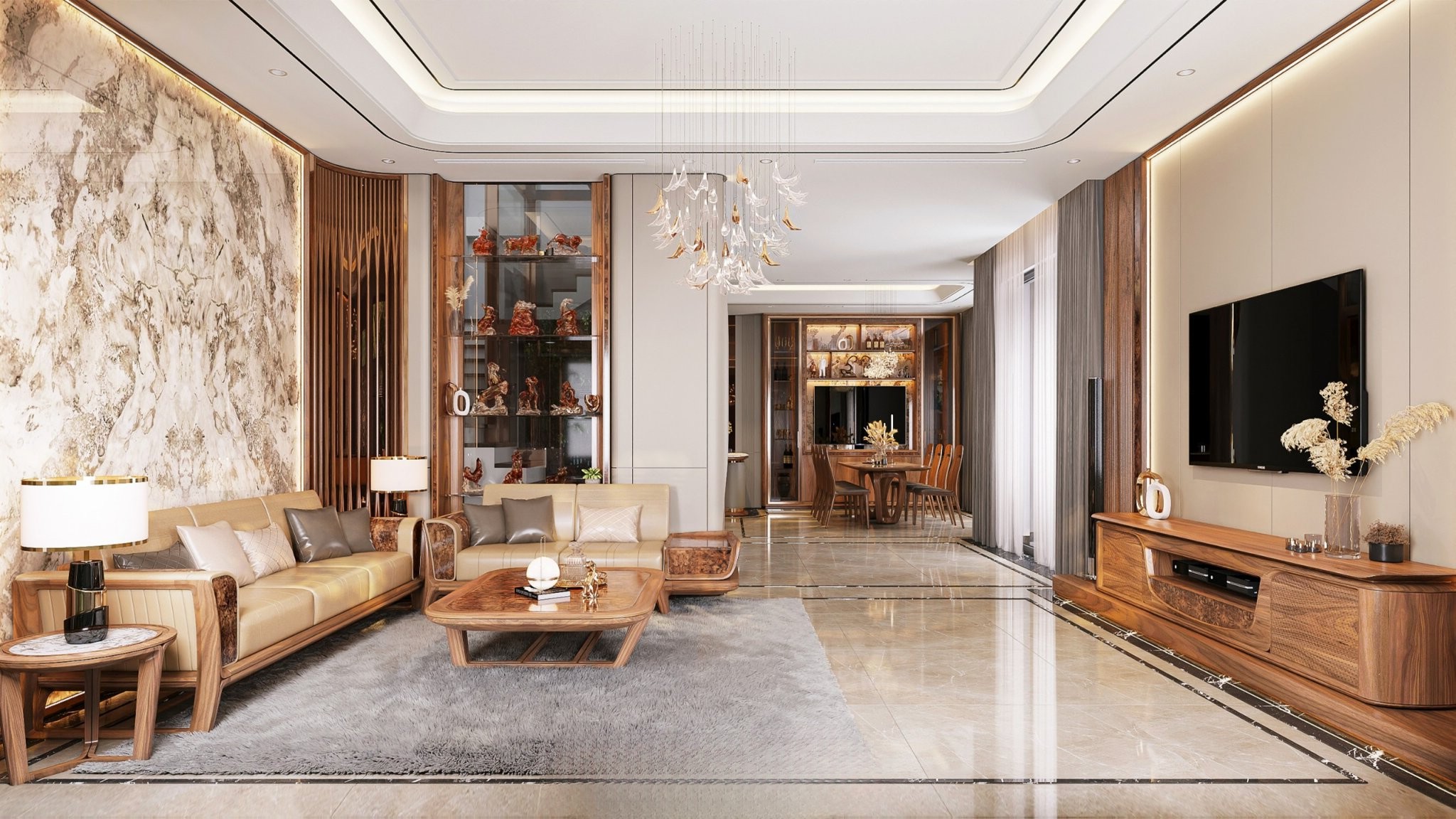 Nội thất phòng khách gỗ óc chó sang trọng tự nhiên