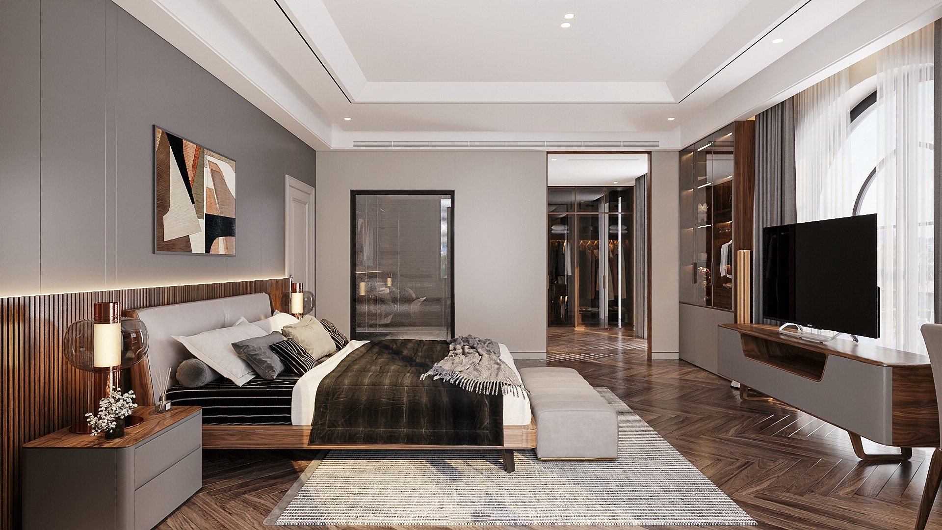 Nội thất phòng ngủ hiện đại với giường bọc da và kệ tivi tiện nghi