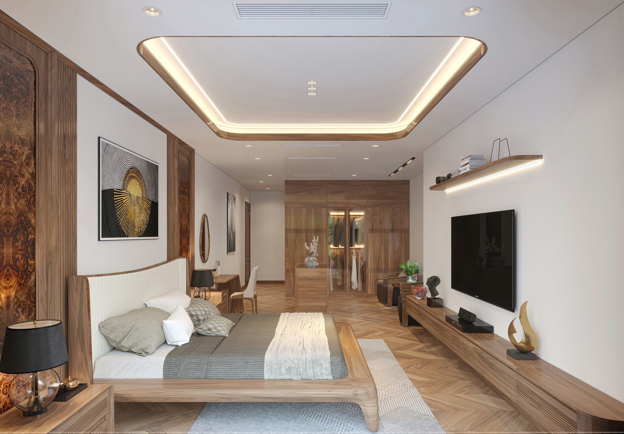 Nội thất phòng ngủ master sang trọng với giường gỗ sồi và tủ quần áo kính cao kịch trần