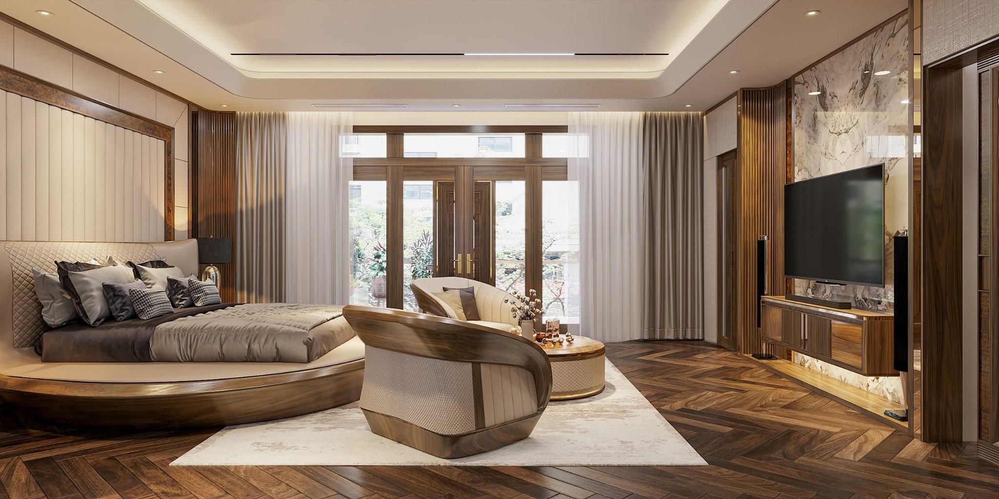 Nội thất phòng ngủ sang trọng với giường ngủ tròn bọc da và vách ốp nệm da kẻ sọc phối veneer nu