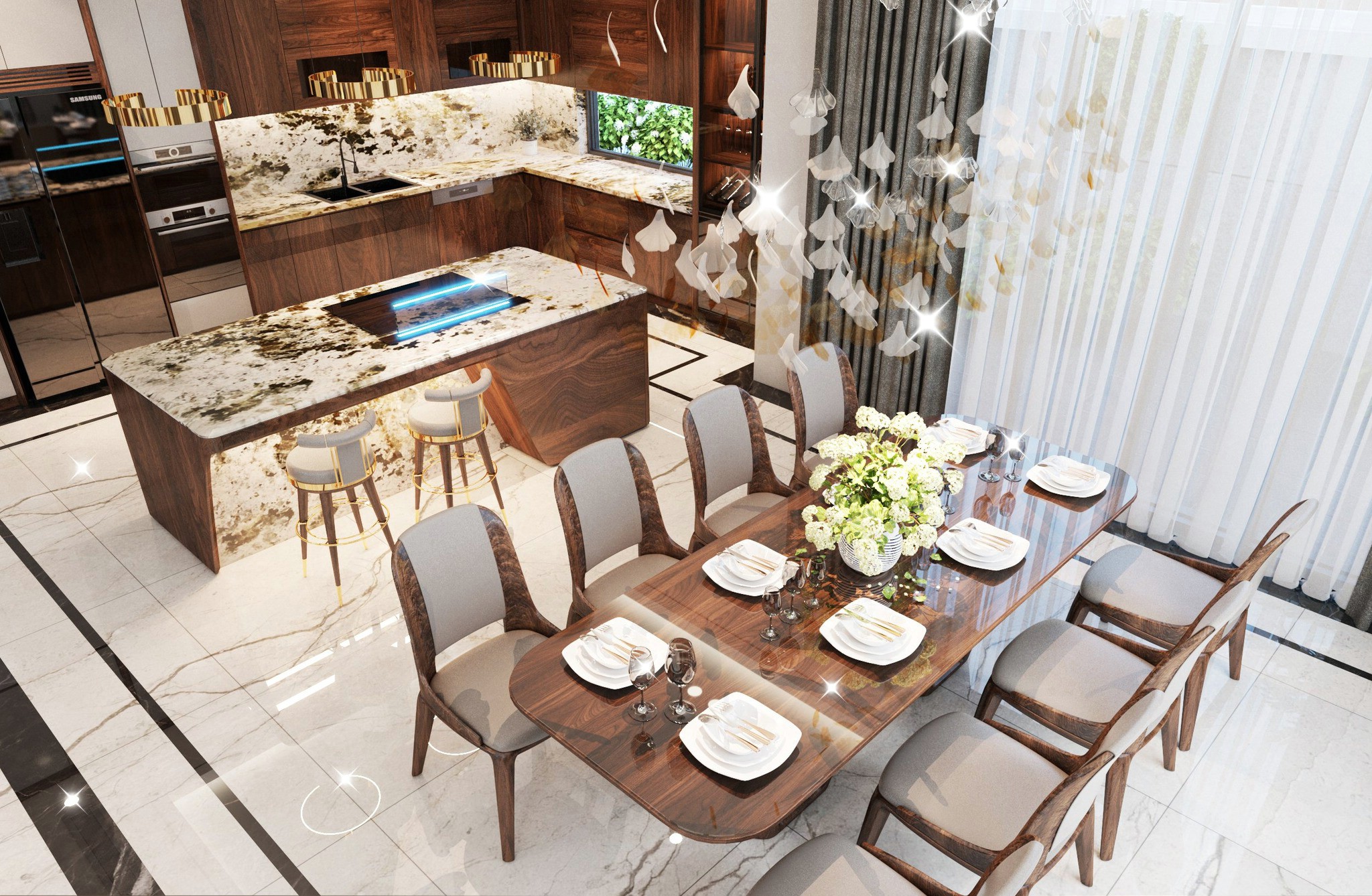 Phòng bếp đẹp hiện đại với bàn bar đá marble và bàn ăn gỗ sang trọng