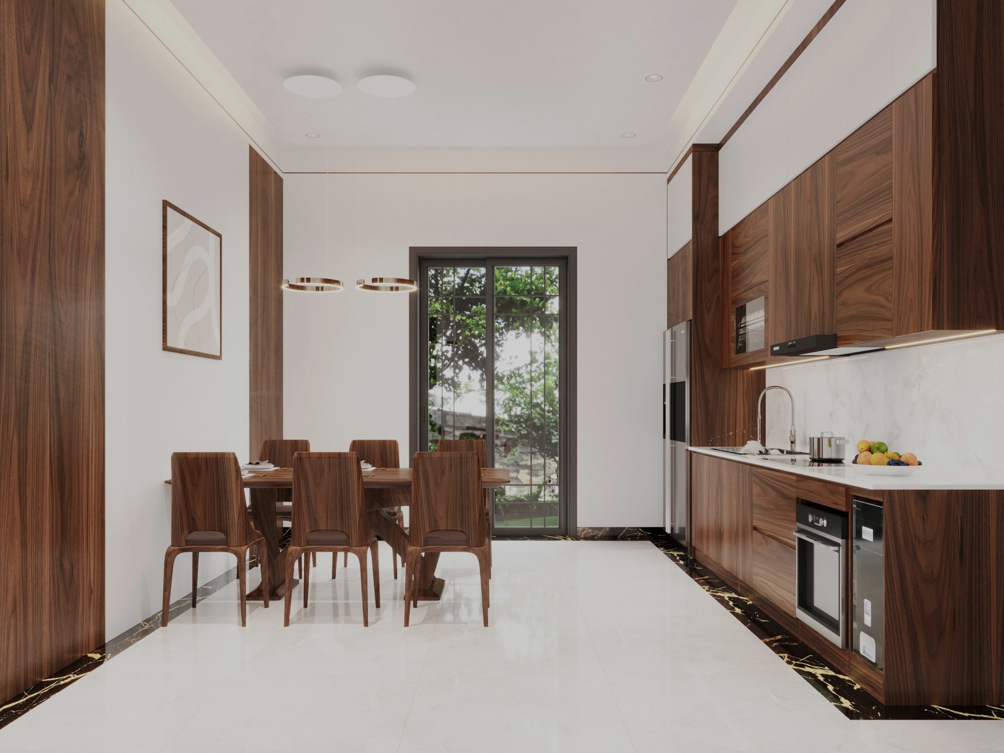 Phòng bếp đẹp nhà ống với tủ bếp chữ I và bàn ăn 6 ghế gỗ óc chó