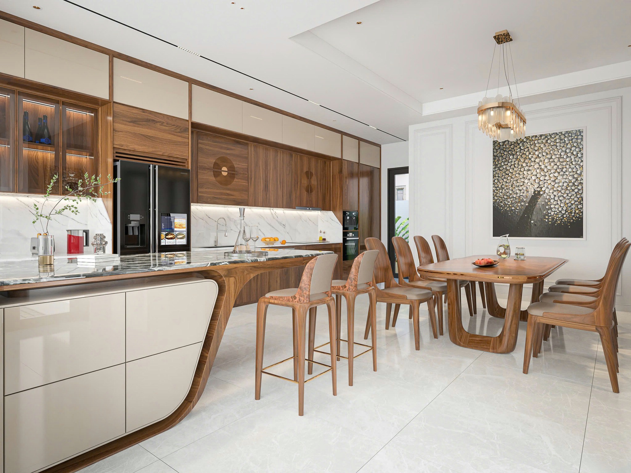Phòng bếp đẹp sang trọng với tủ bếp chữ I, bàn bar đá cẩm thạch và bàn ăn gỗ 8 ghế