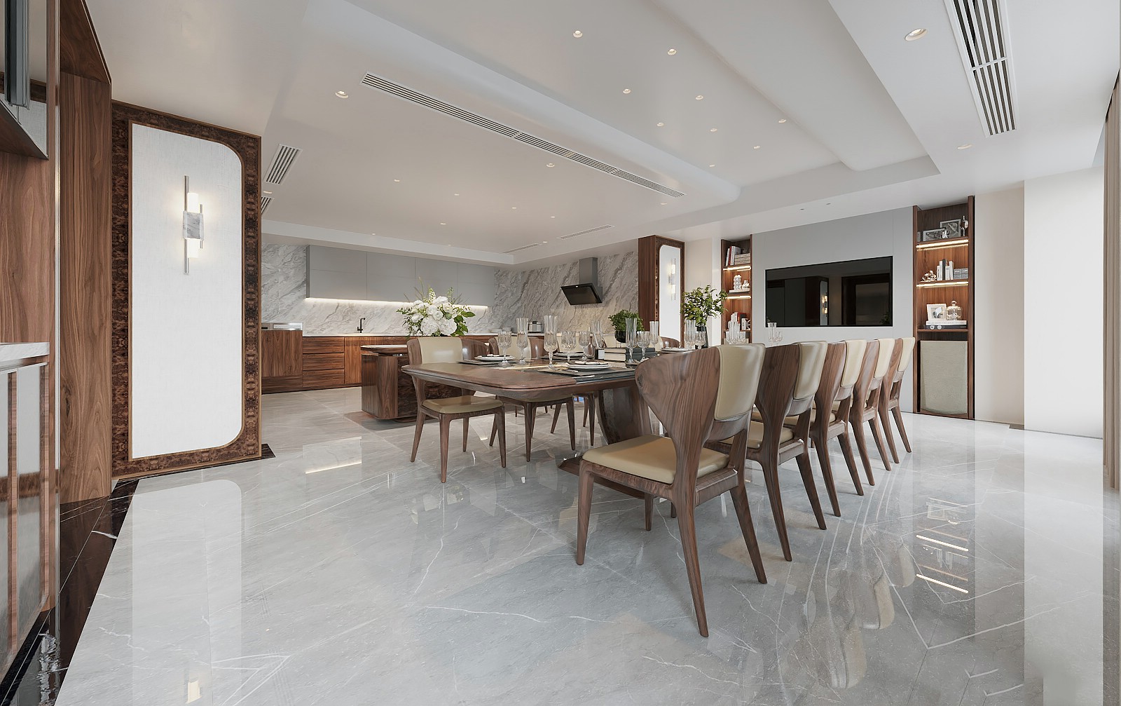 Phòng bếp hiện đại sang trọng với bàn ăn gỗ óc chó và tủ bếp chữ L